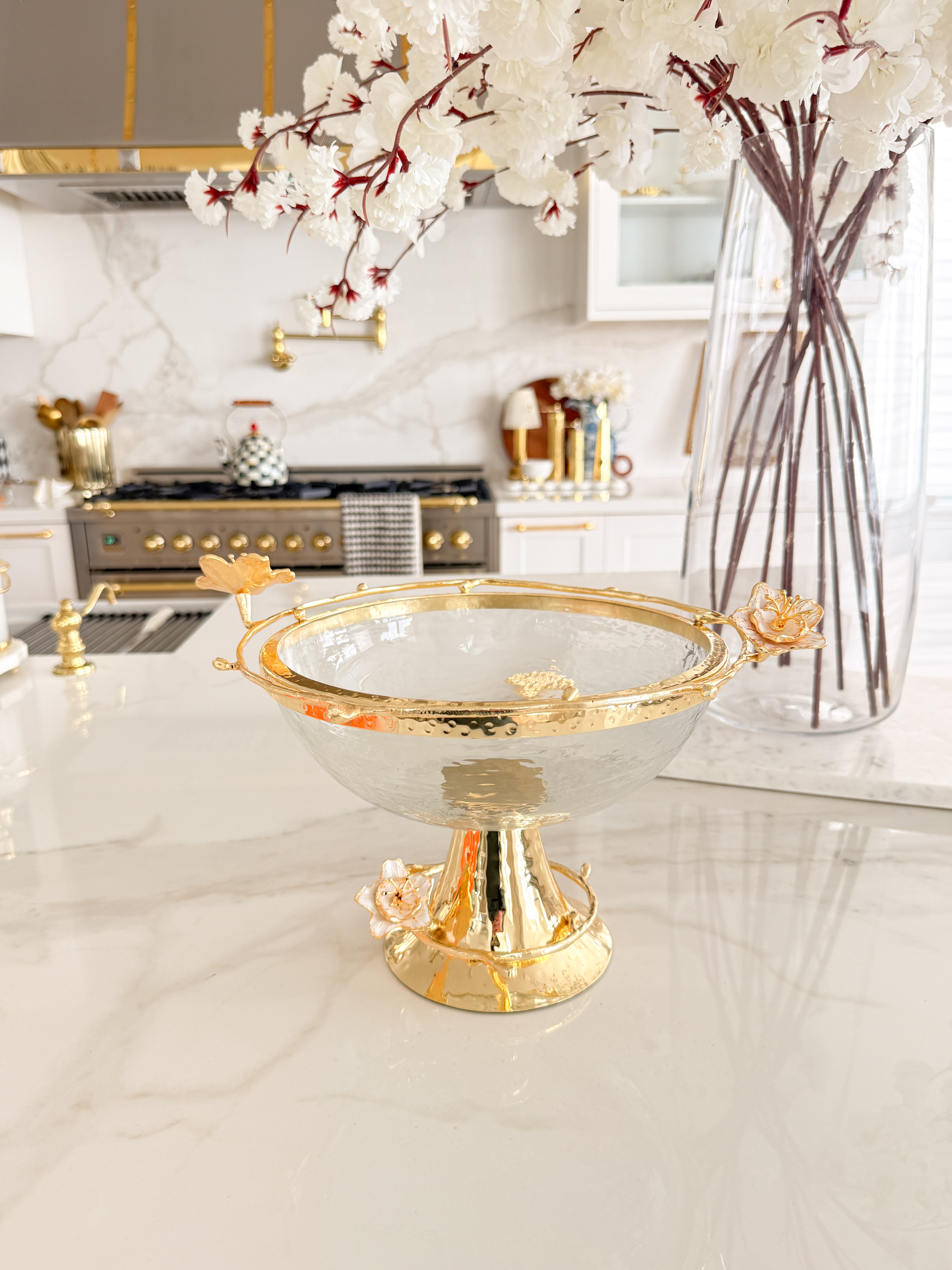 Gold Glass Footed Bowl with Floral Design