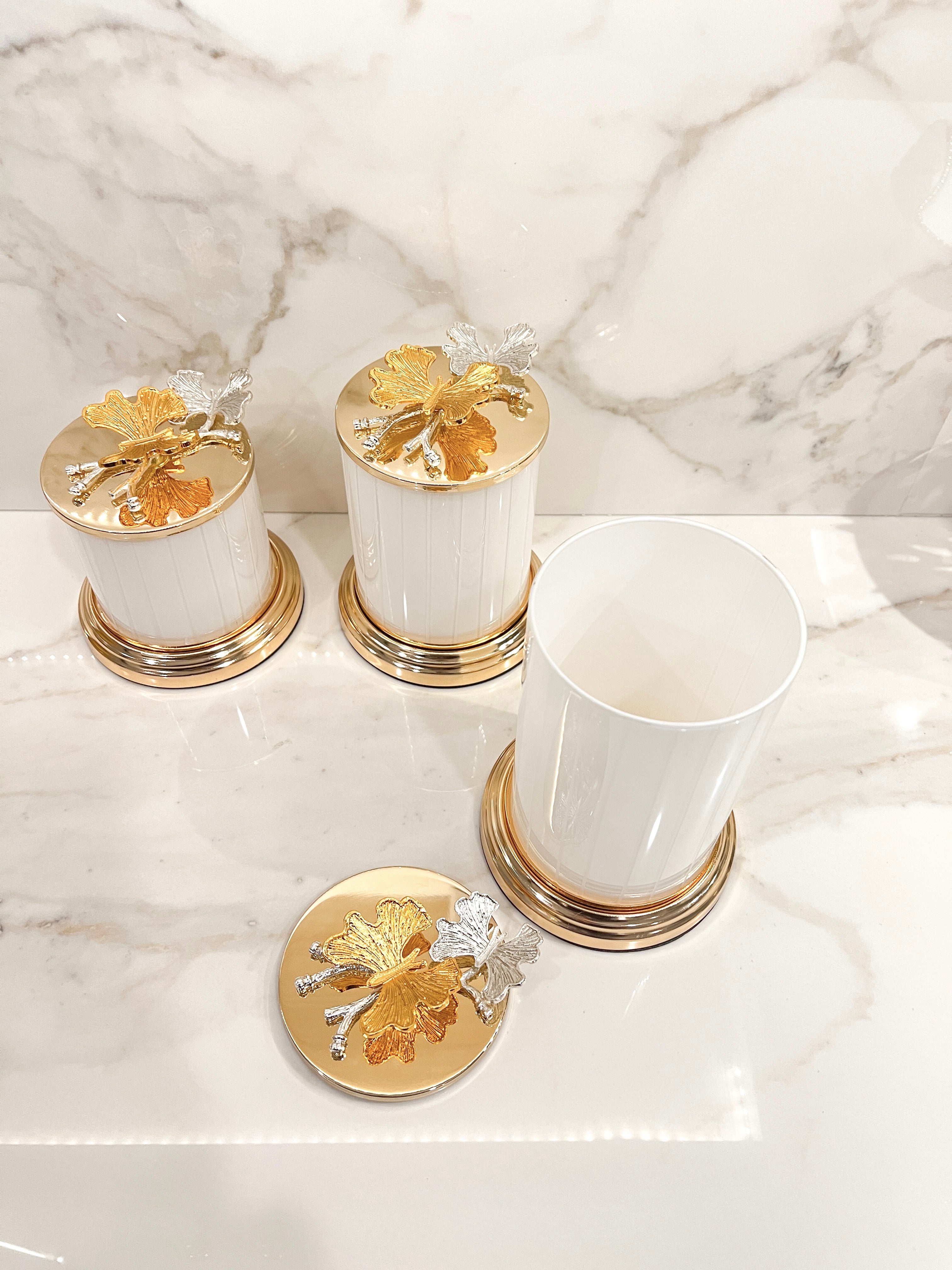 White and Gold Butterfly Canister (Set of 3)
