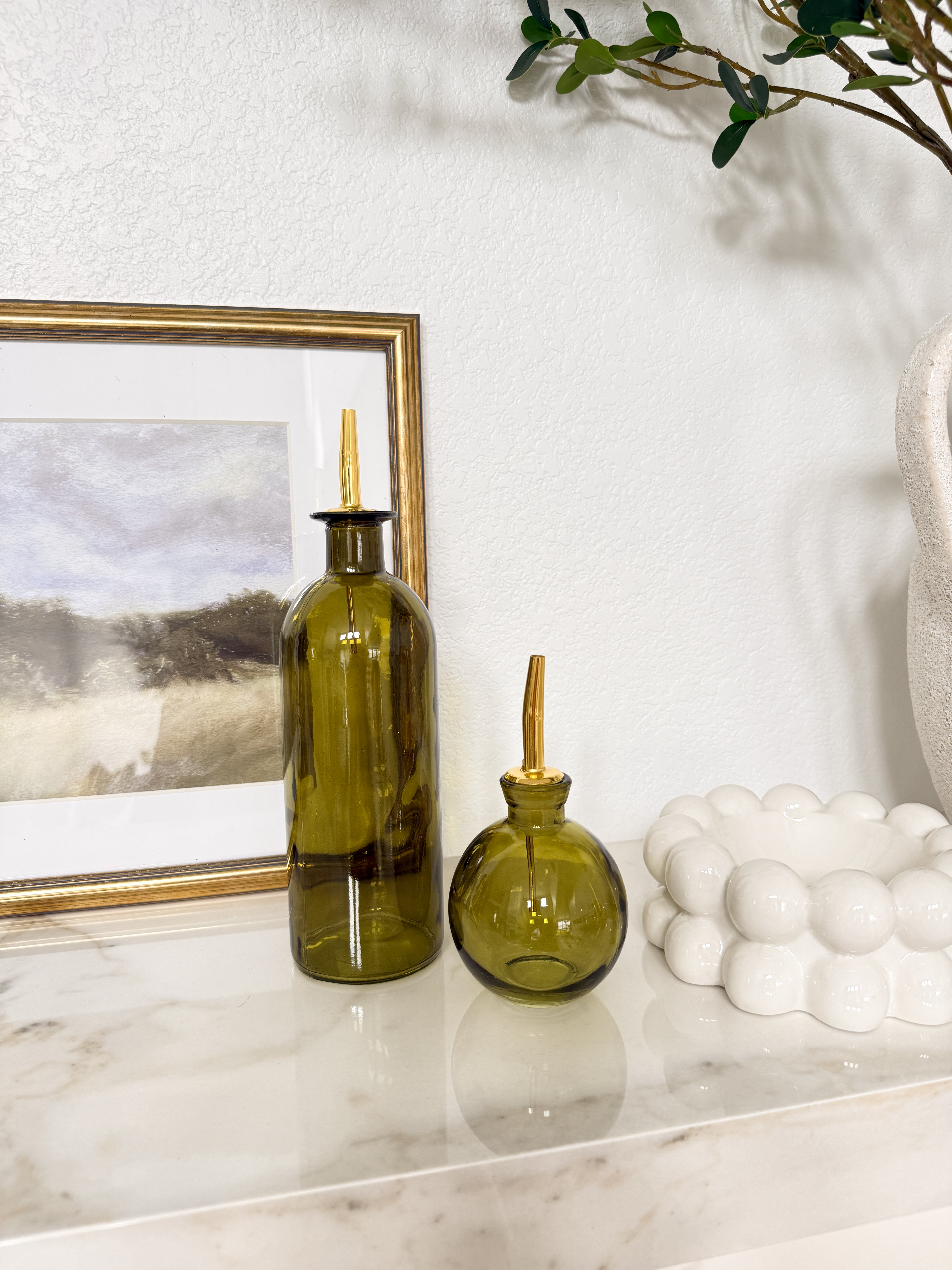 Olive Green Glass Oil Cruet with Gold Stopper (Set of 2)