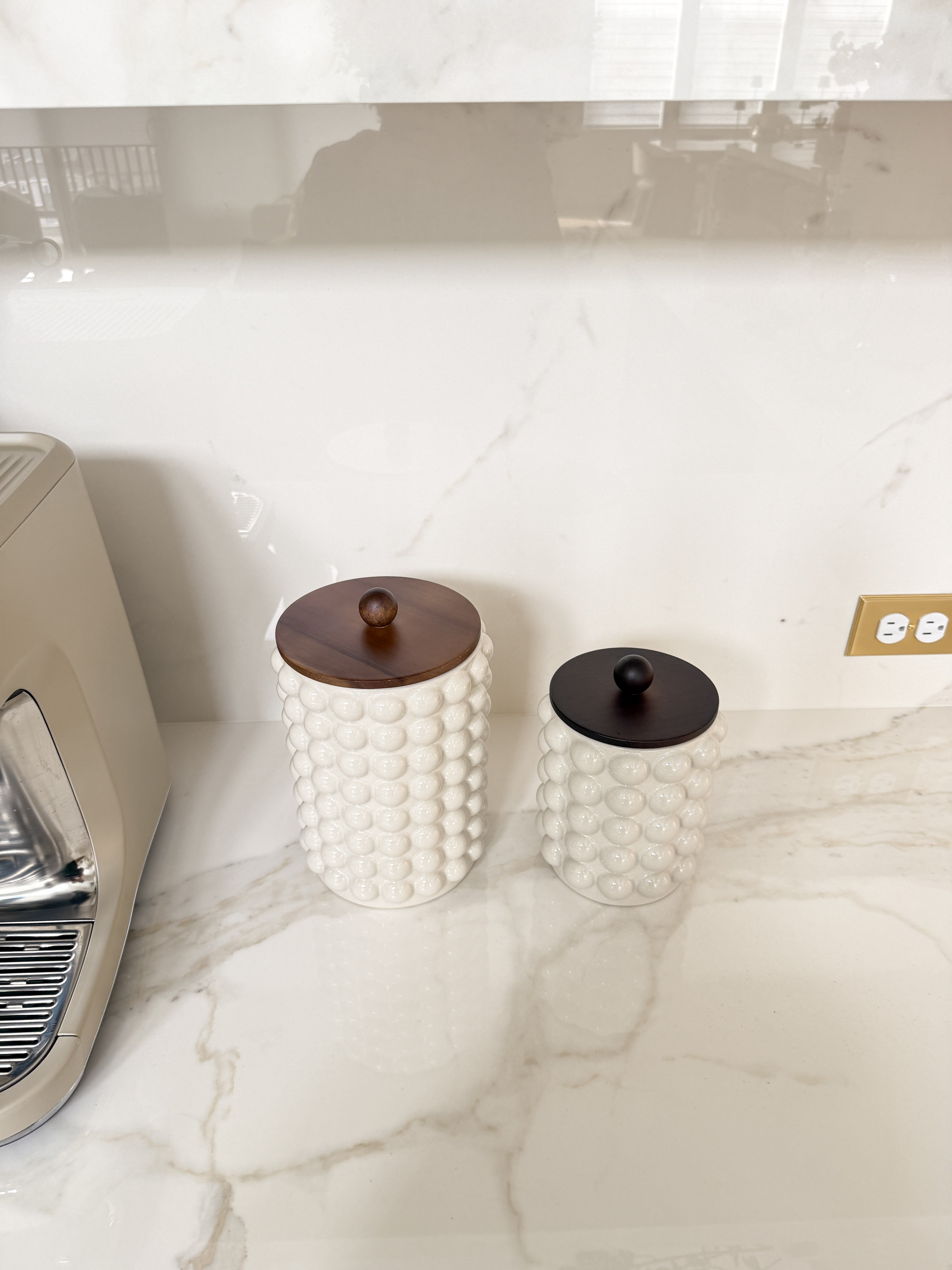 White Stoneware Bubbled Jar With Wood Lid