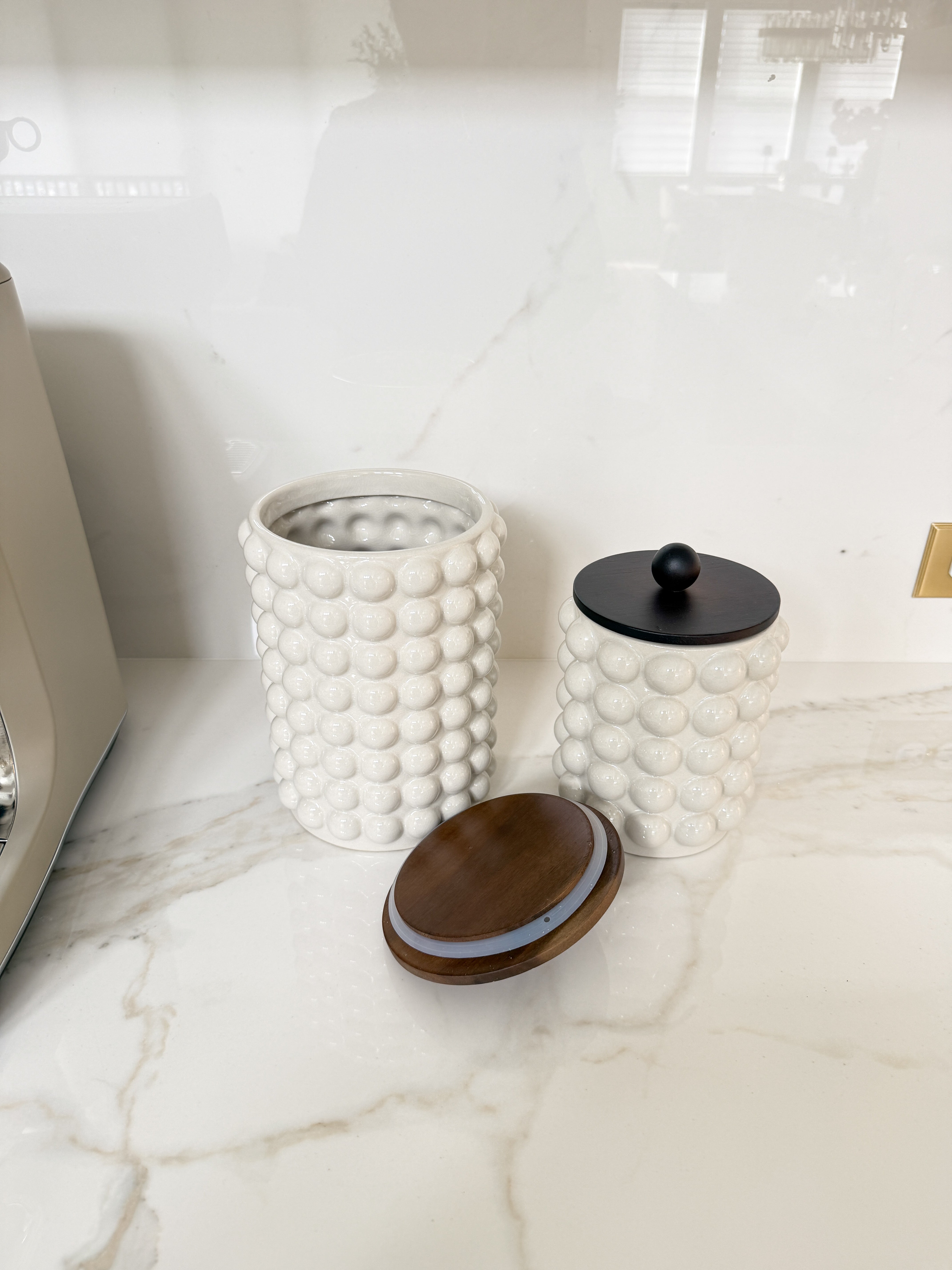 White Stoneware Bubbled Jar With Wood Lid