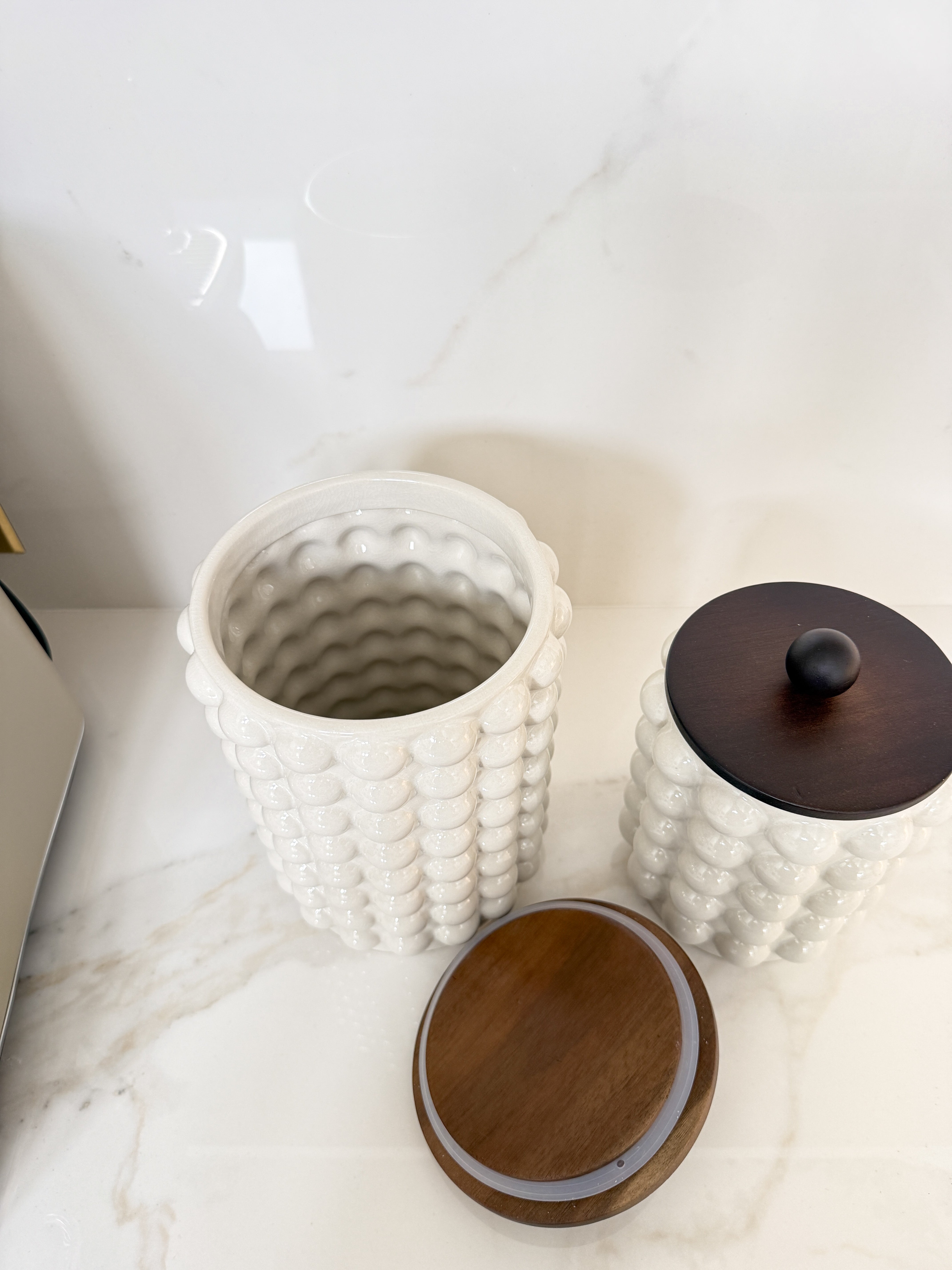 White Stoneware Bubbled Jar With Wood Lid