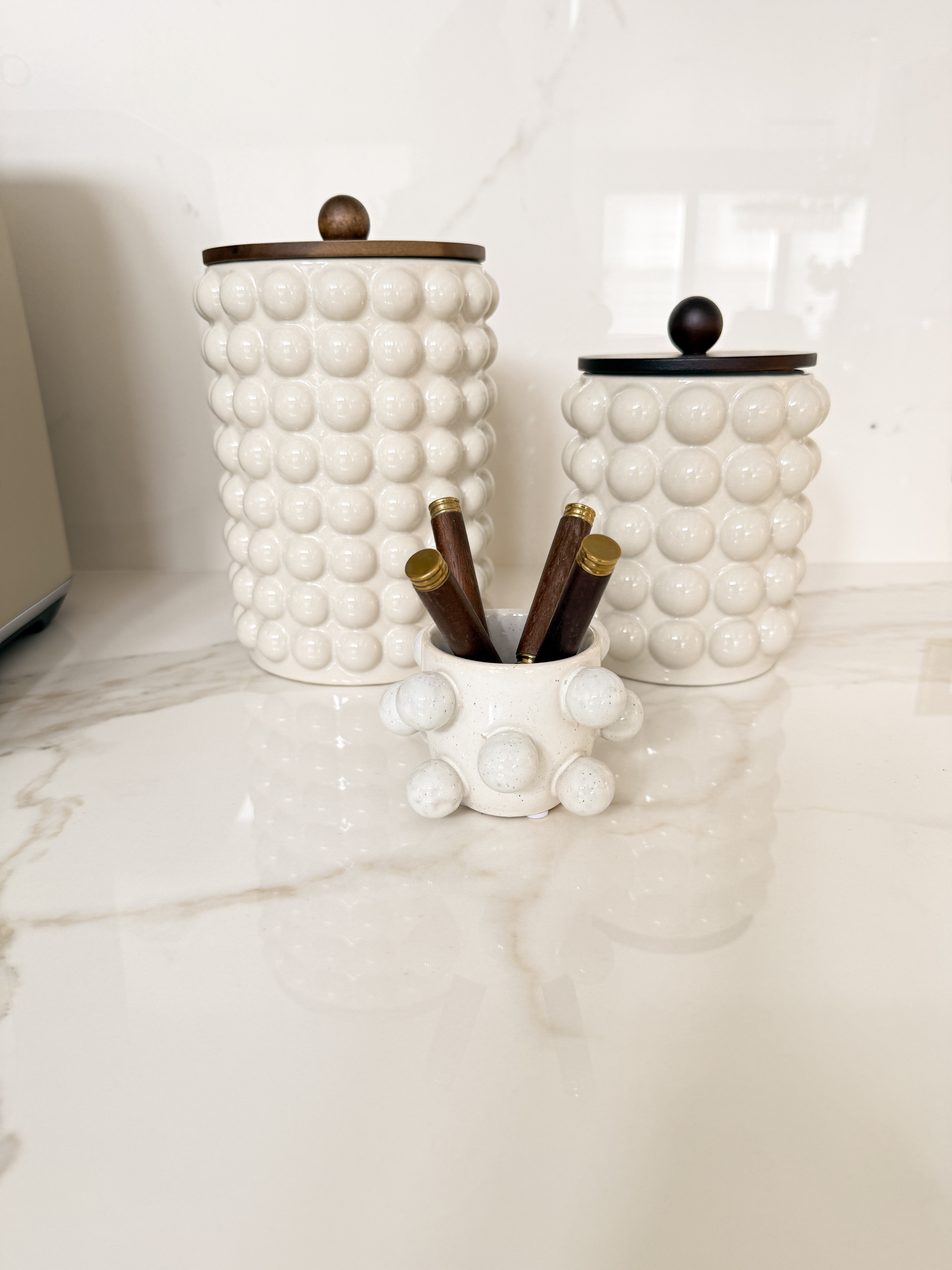 White Stoneware Spoon Holder With Balls