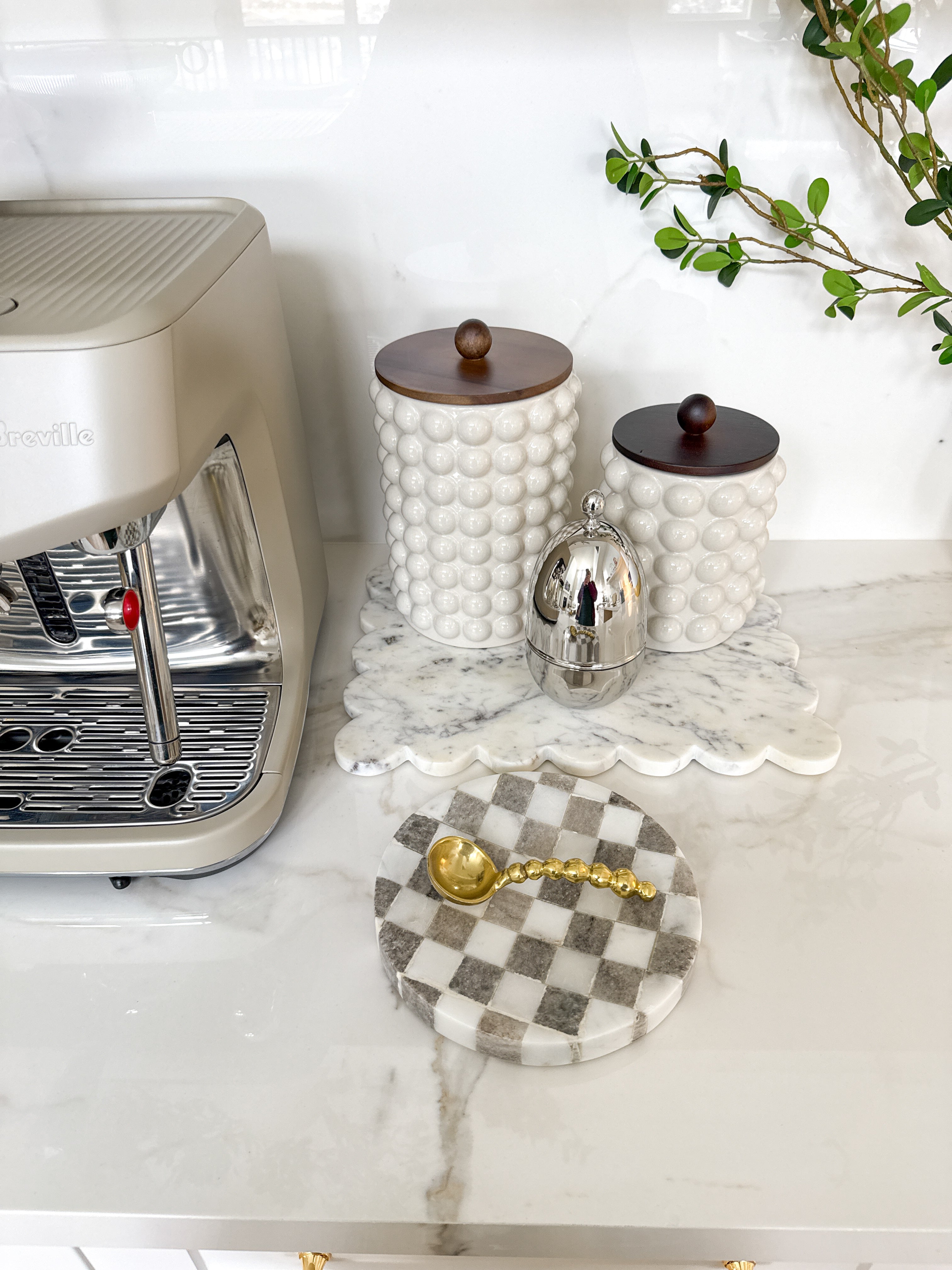 Checkered White and Taupe Marble Dish
