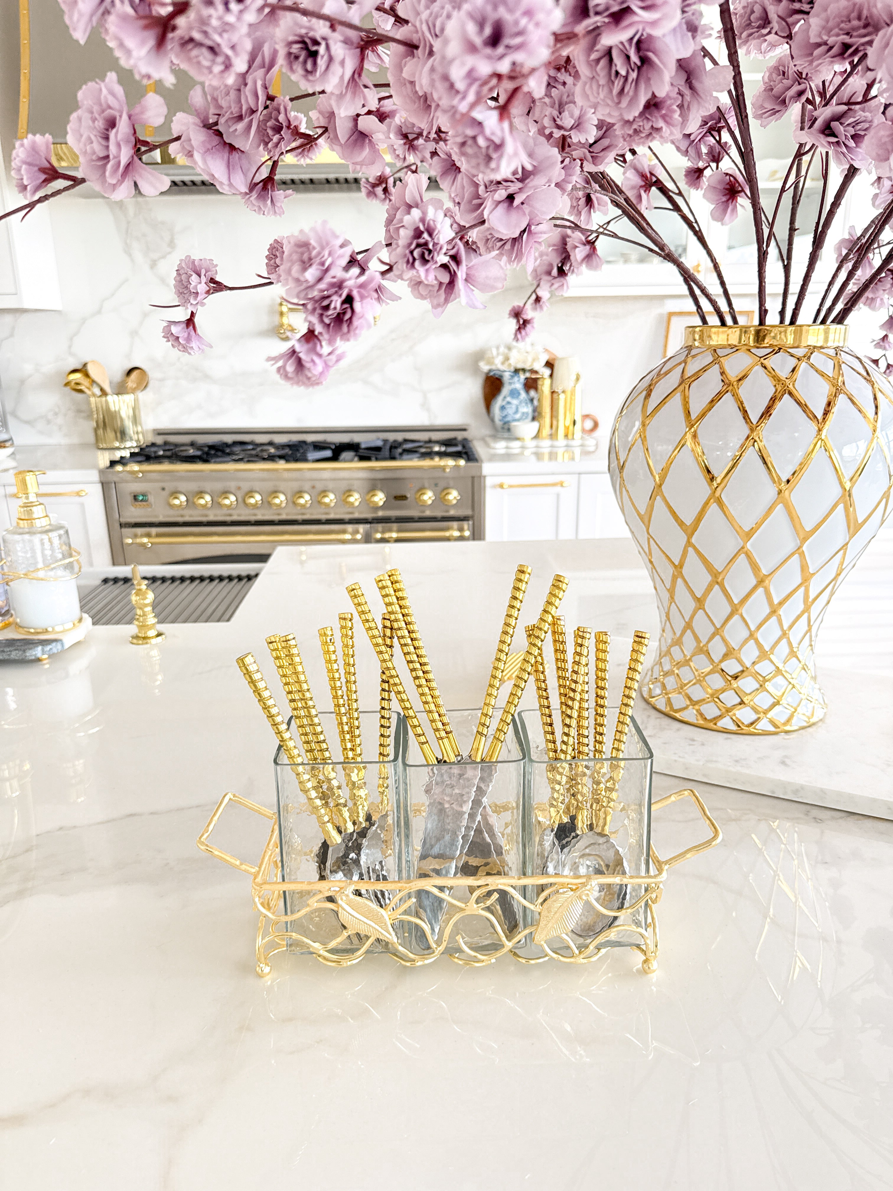 Gold Leaf Flatware Holder with Hammered Glass Inserts