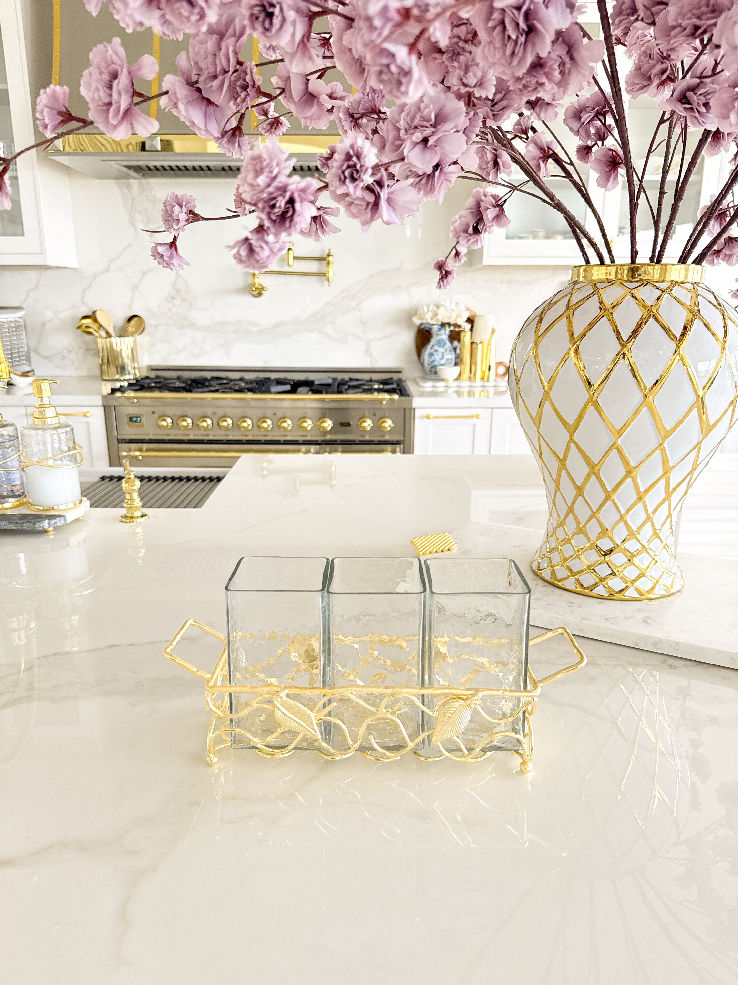 Gold Leaf Flatware Holder with Hammered Glass Inserts