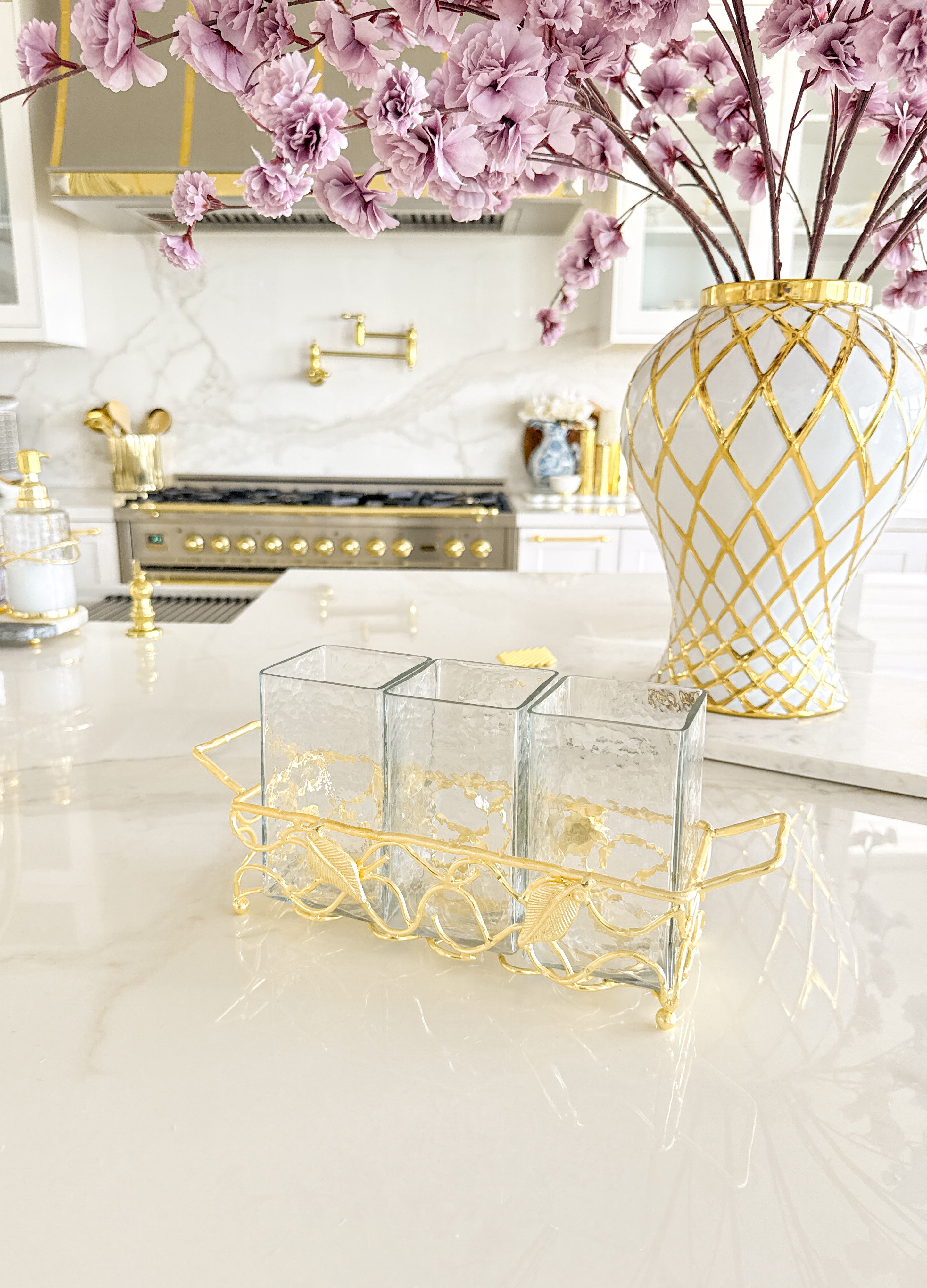 Gold Leaf Flatware Holder with Hammered Glass Inserts