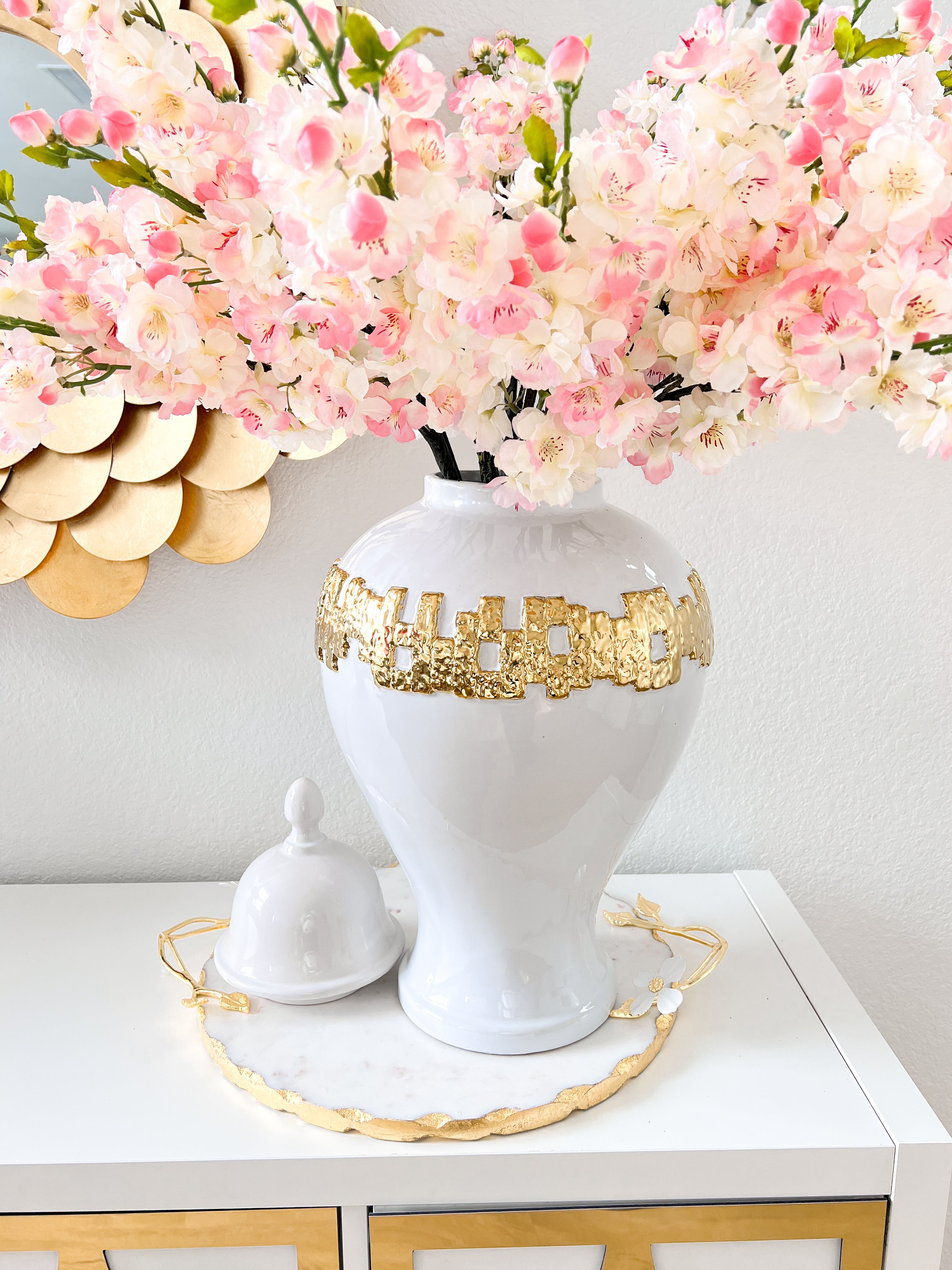 White Ginger Jar with Gold Chain Details (Two Sizes)