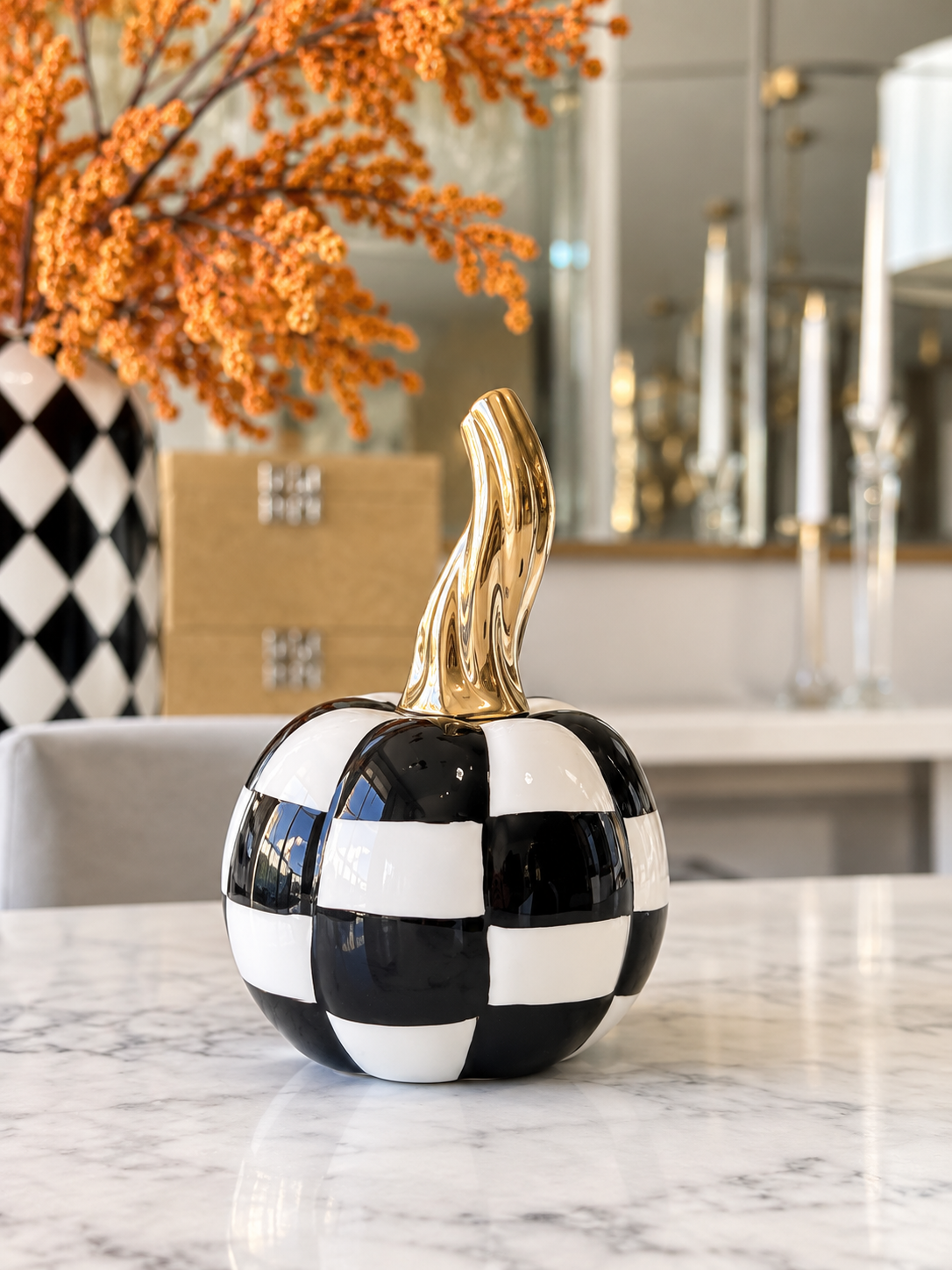 Black and White with Gold Stem Decorative Pumpkin