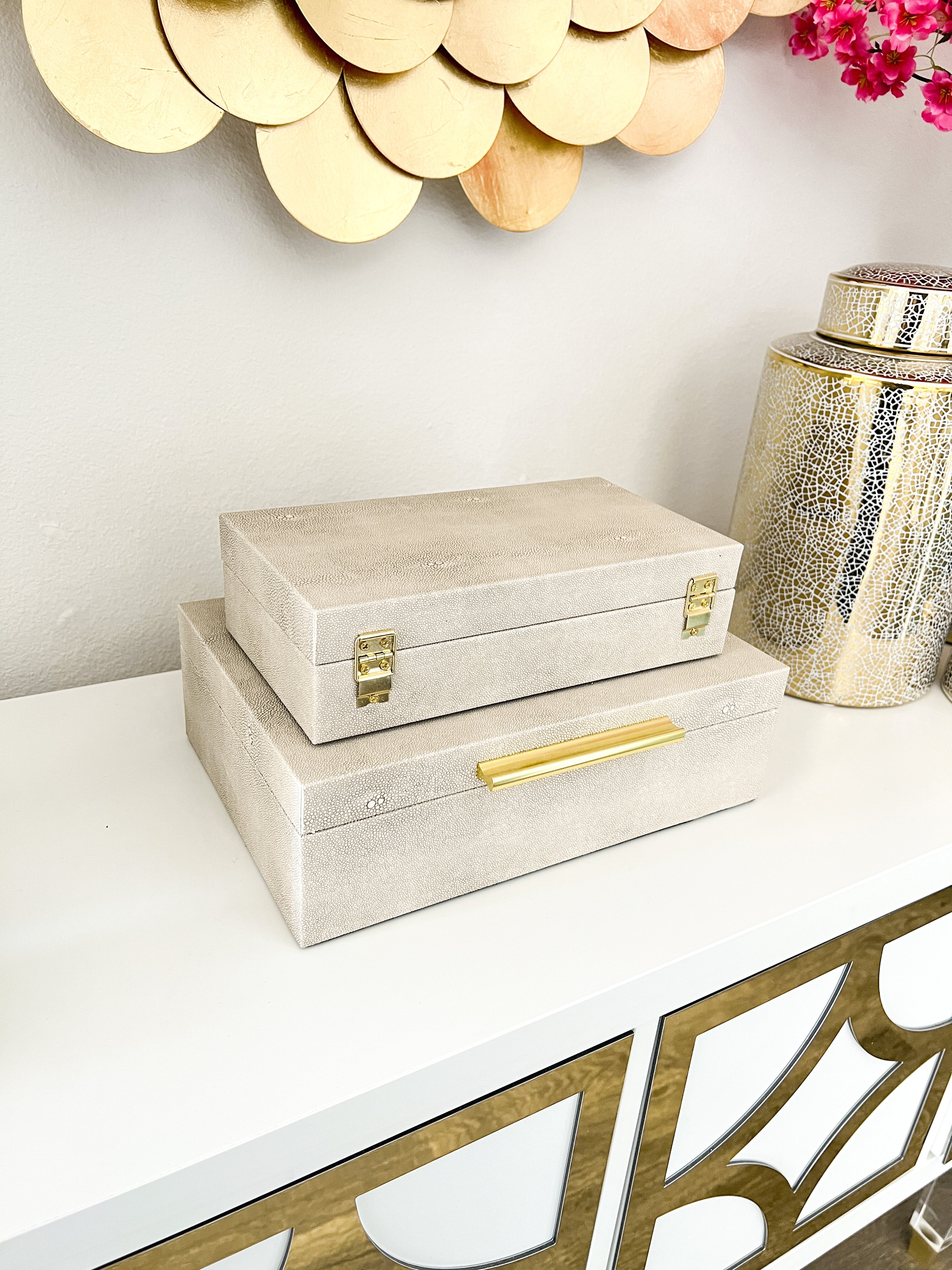 Beige Leather Decorative Boxes with Gold Handles - HTS HOME DECOR