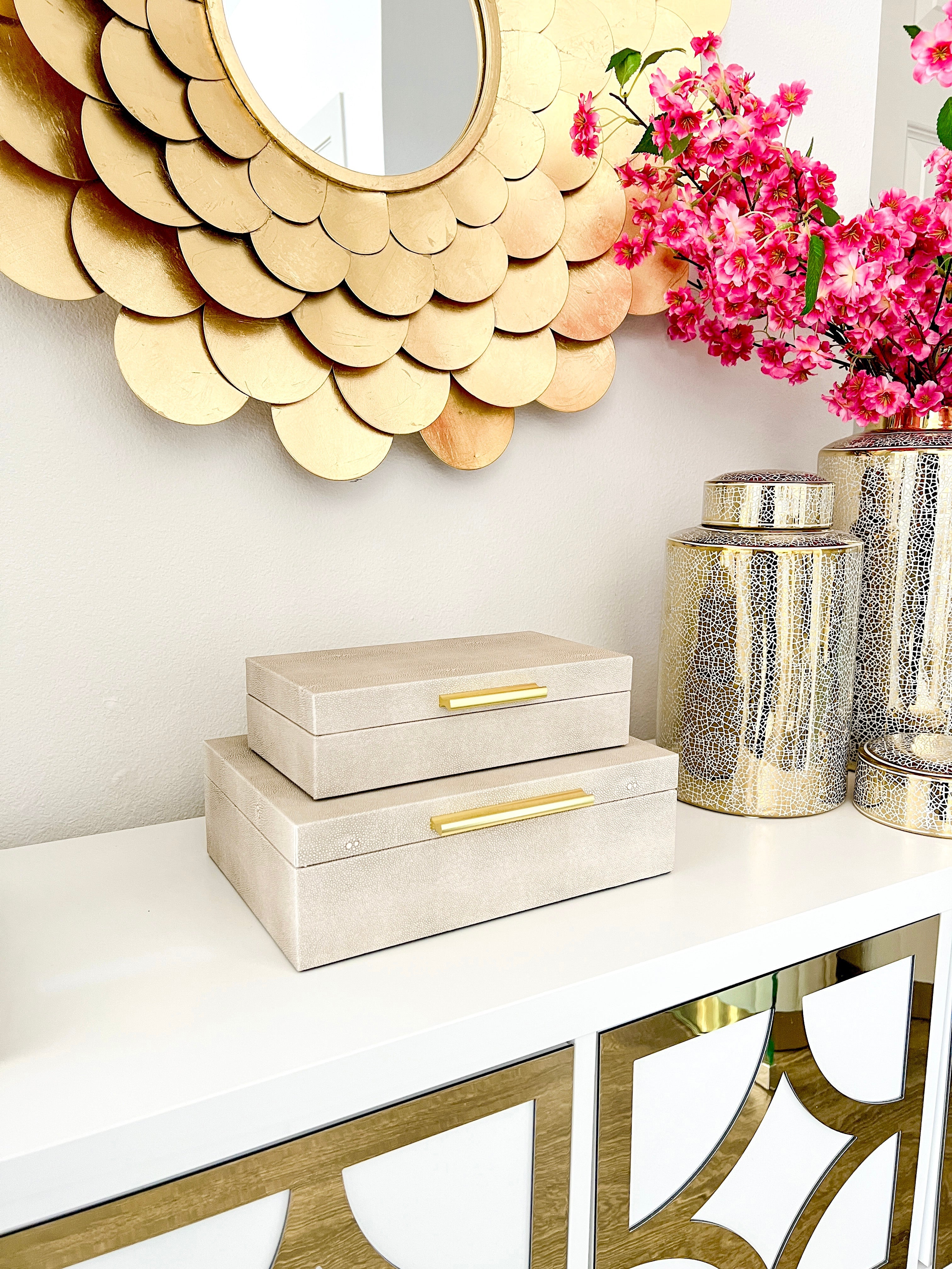 Beige Leather Decorative Boxes with Gold Handles - HTS HOME DECOR