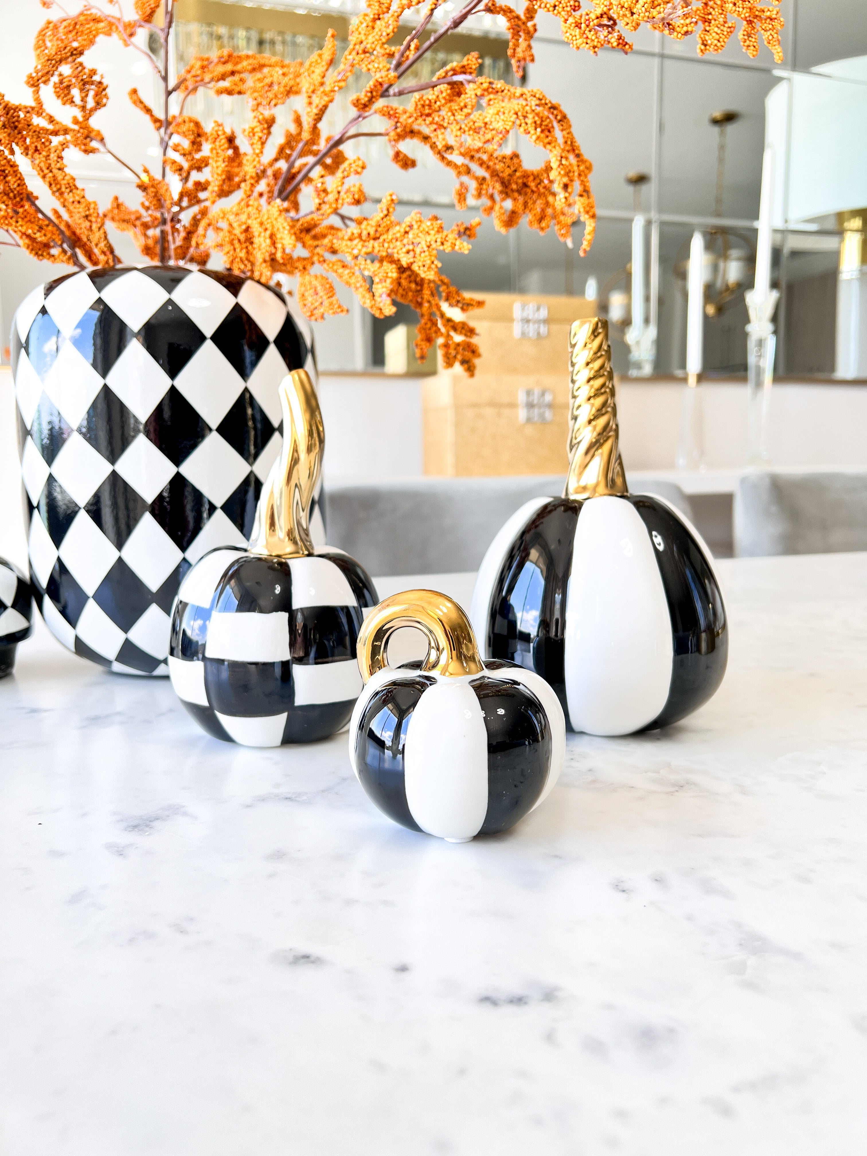 Black and white Ceramic Pumpkins ( Set of 3 ) - HTS HOME DECOR