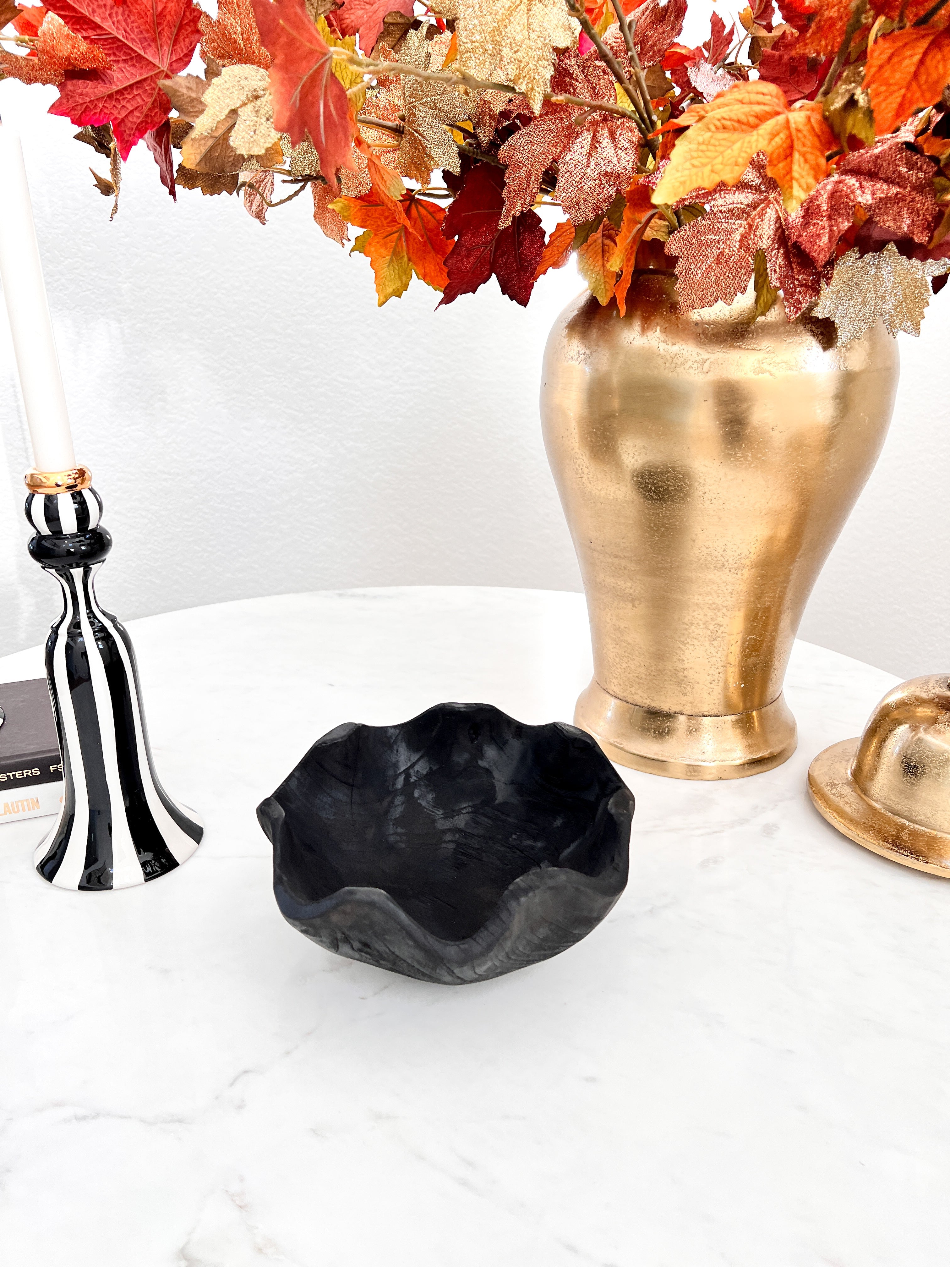 Black Teak Wood Scalloped Decorative Bowl - HTS HOME DECOR