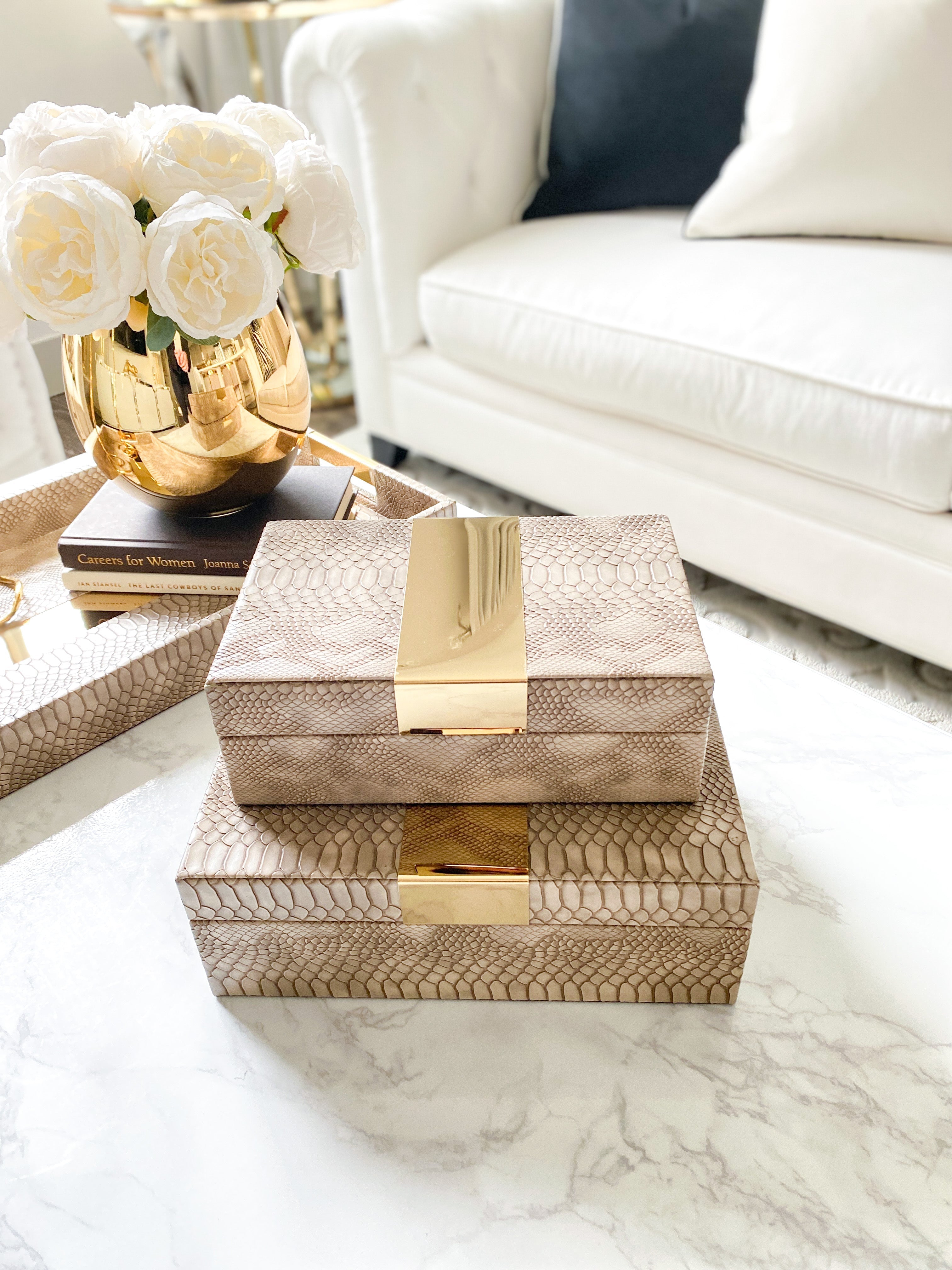 Brown Leather & Gold Decorative Boxes (Set of 2) - HTS HOME DECOR