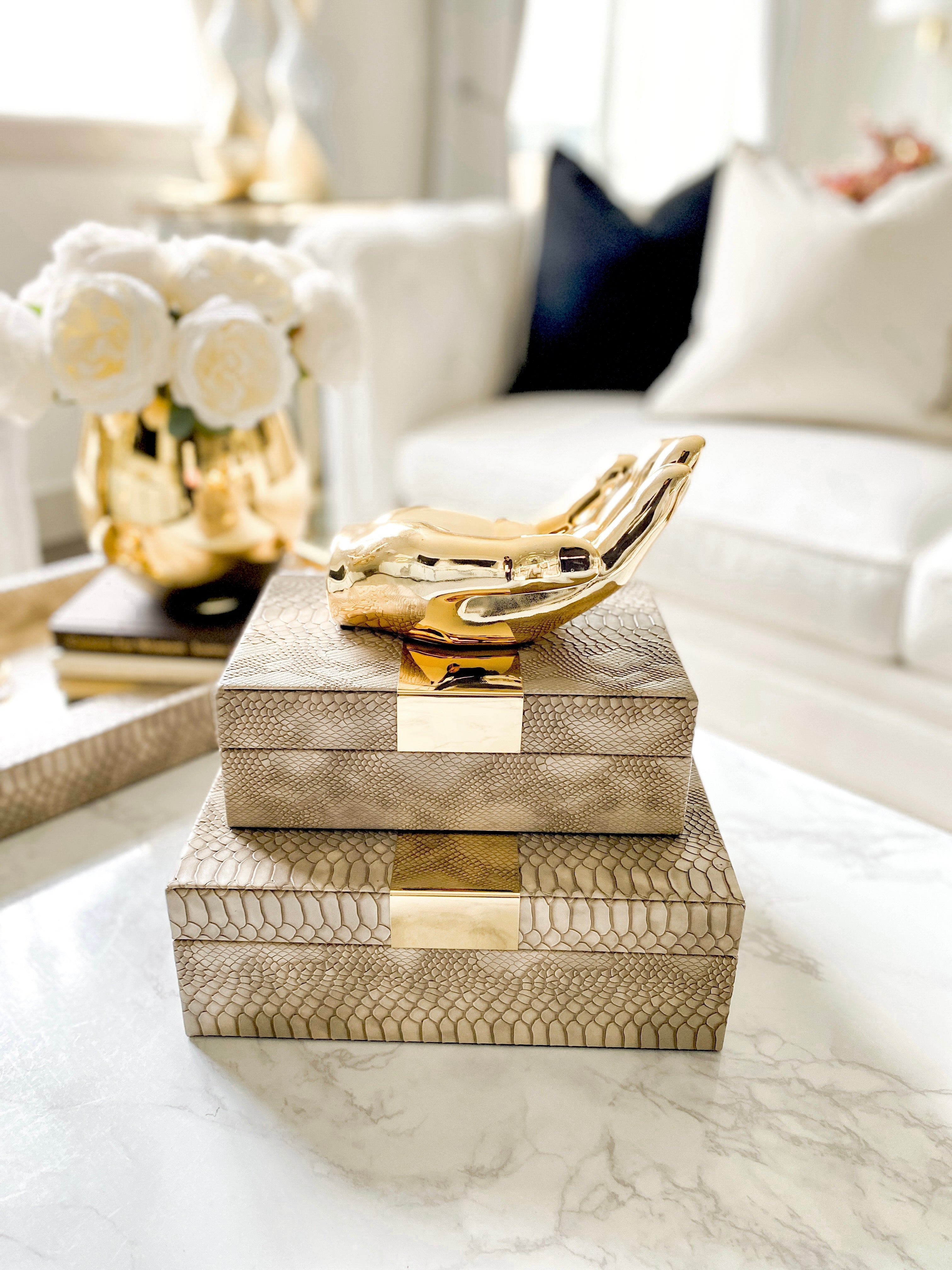 Brown Leather & Gold Decorative Boxes (Set of 2) - HTS HOME DECOR