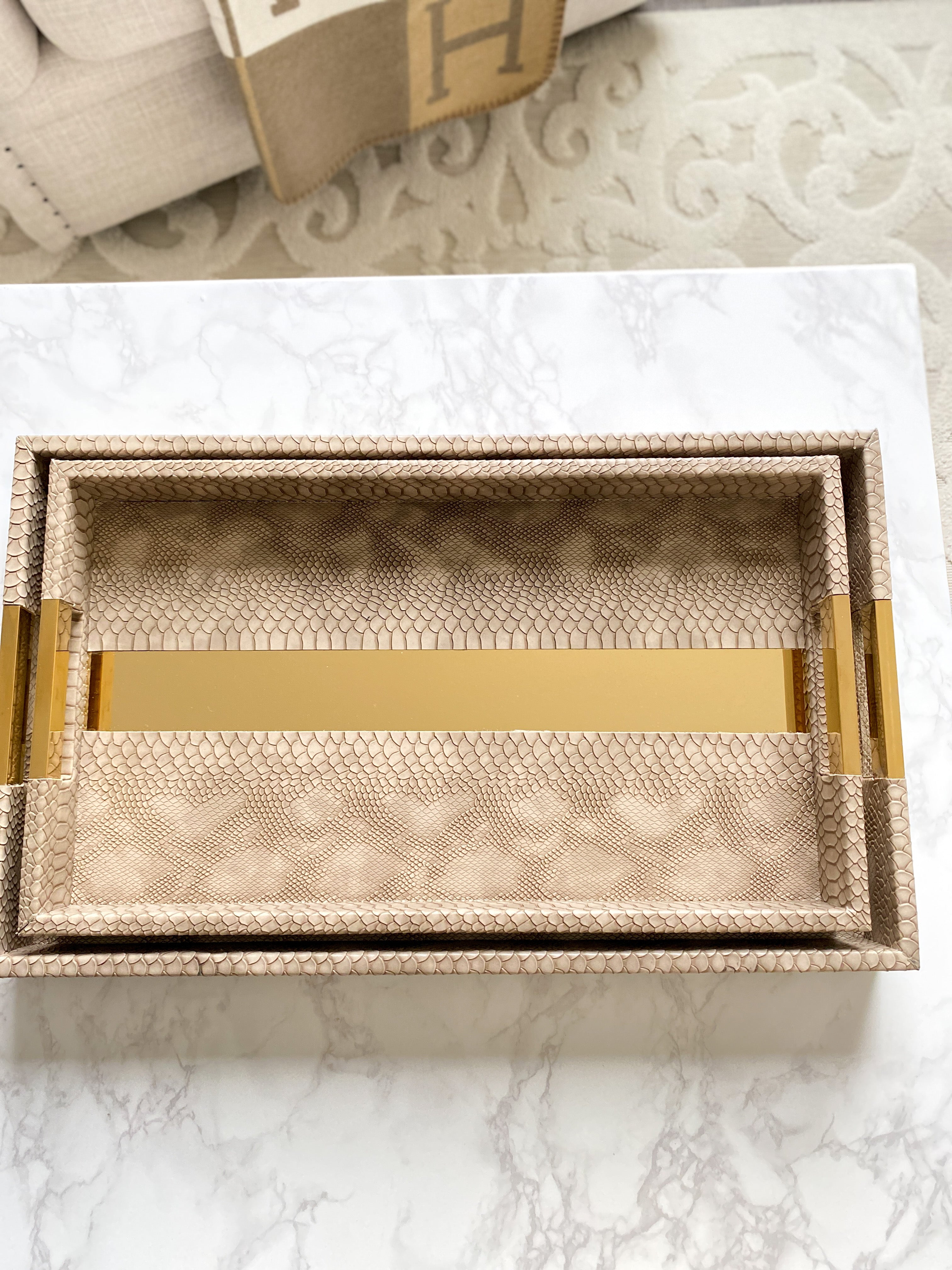 Brown Leather Tray with Gold Stripe