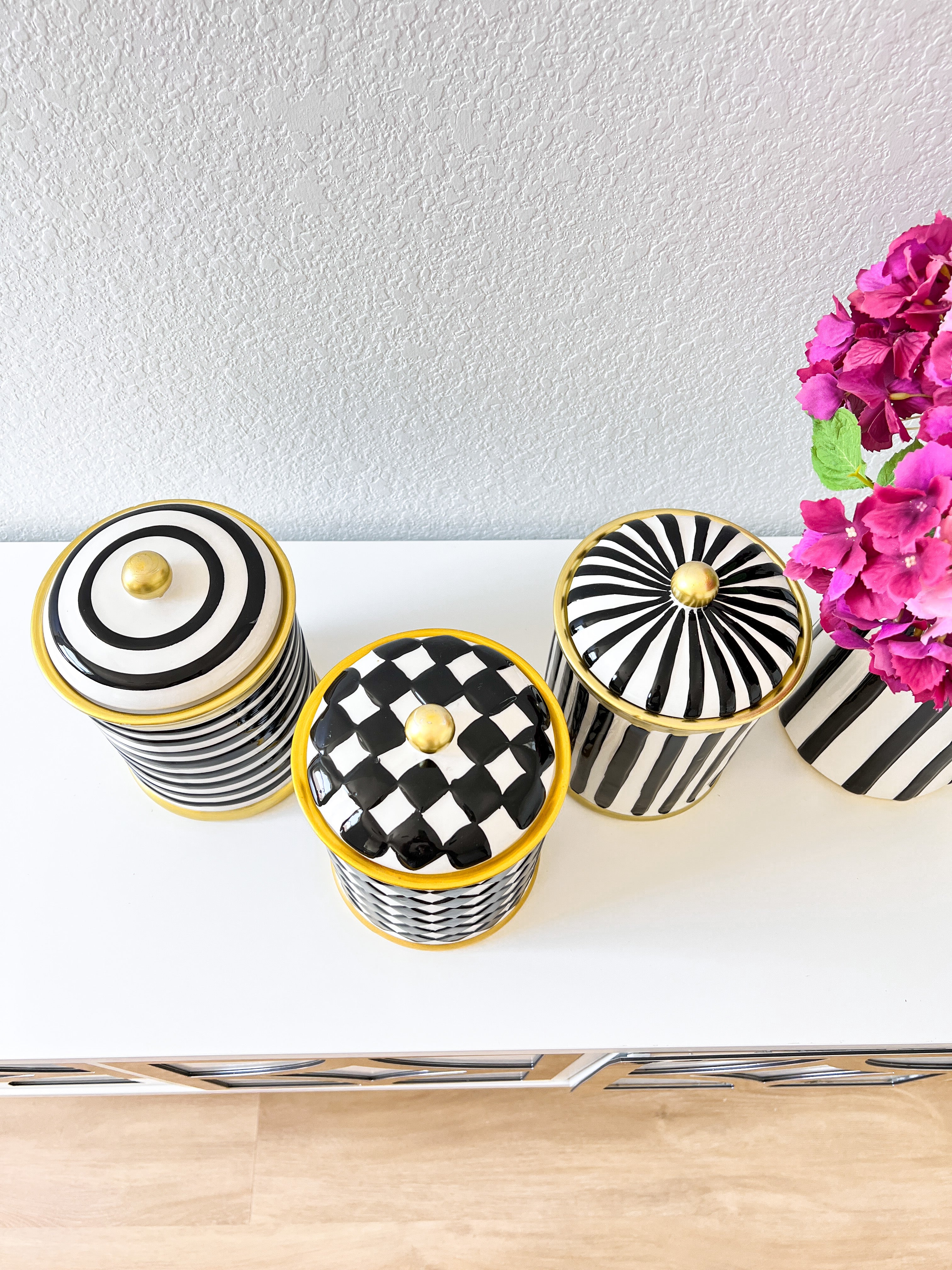 Checkered Black and White Canister (Set of 3) - HTS HOME DECOR