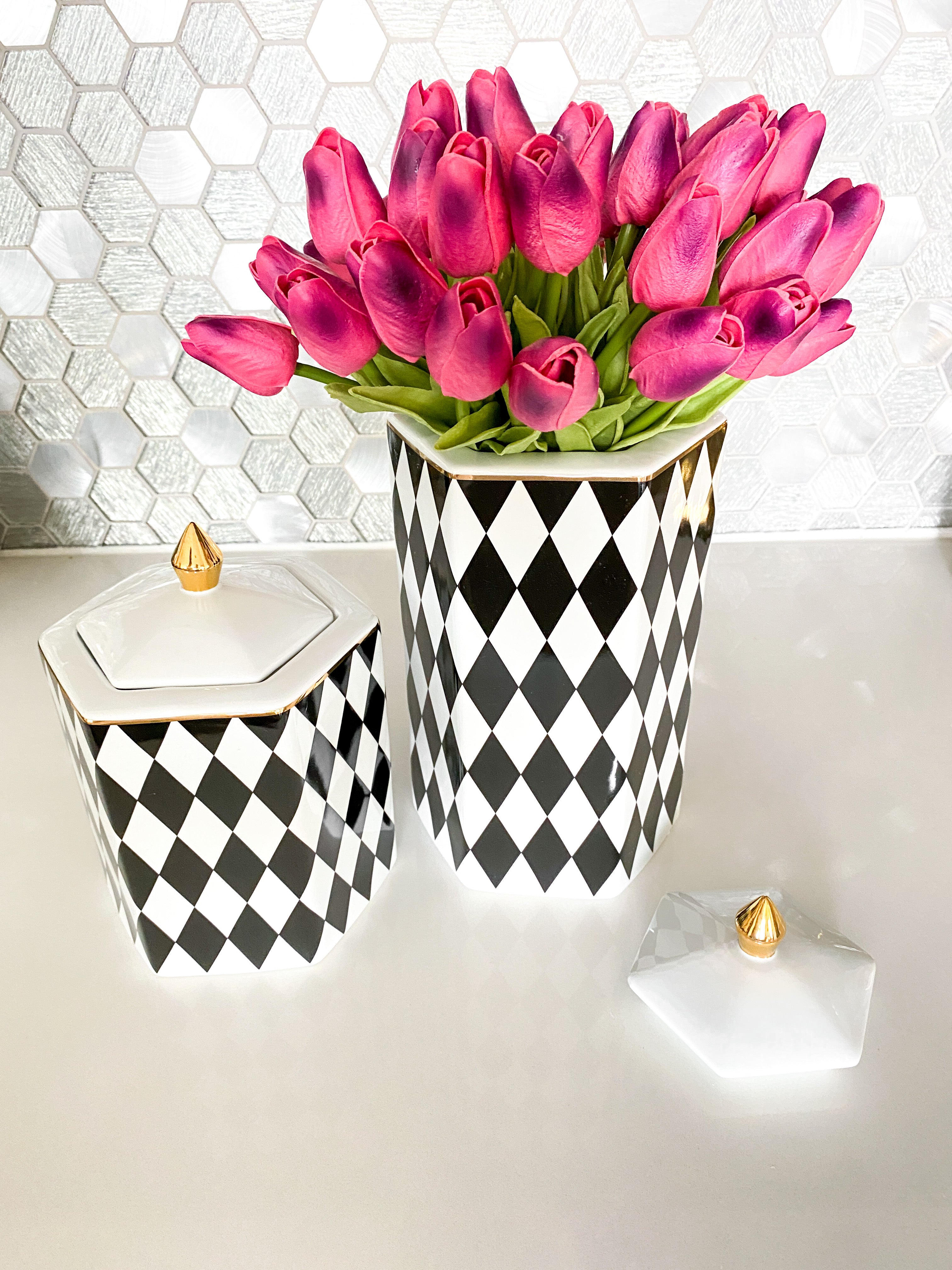 Checkered Porcelain Canister (Set of 2) - HTS HOME DECOR