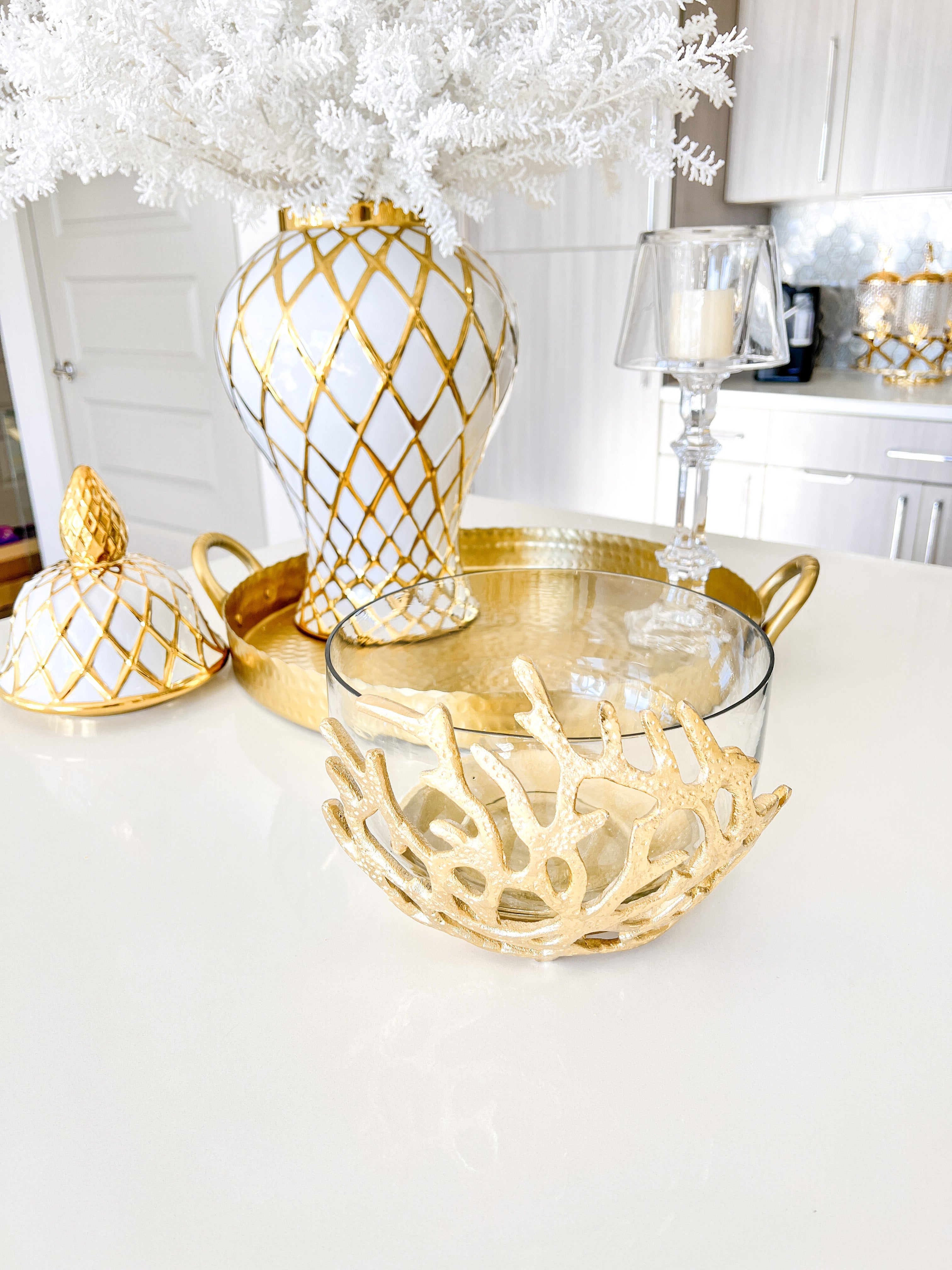 Glass Bowl with Gold Branch Details ( Two Sizes ) - HTS HOME DECOR