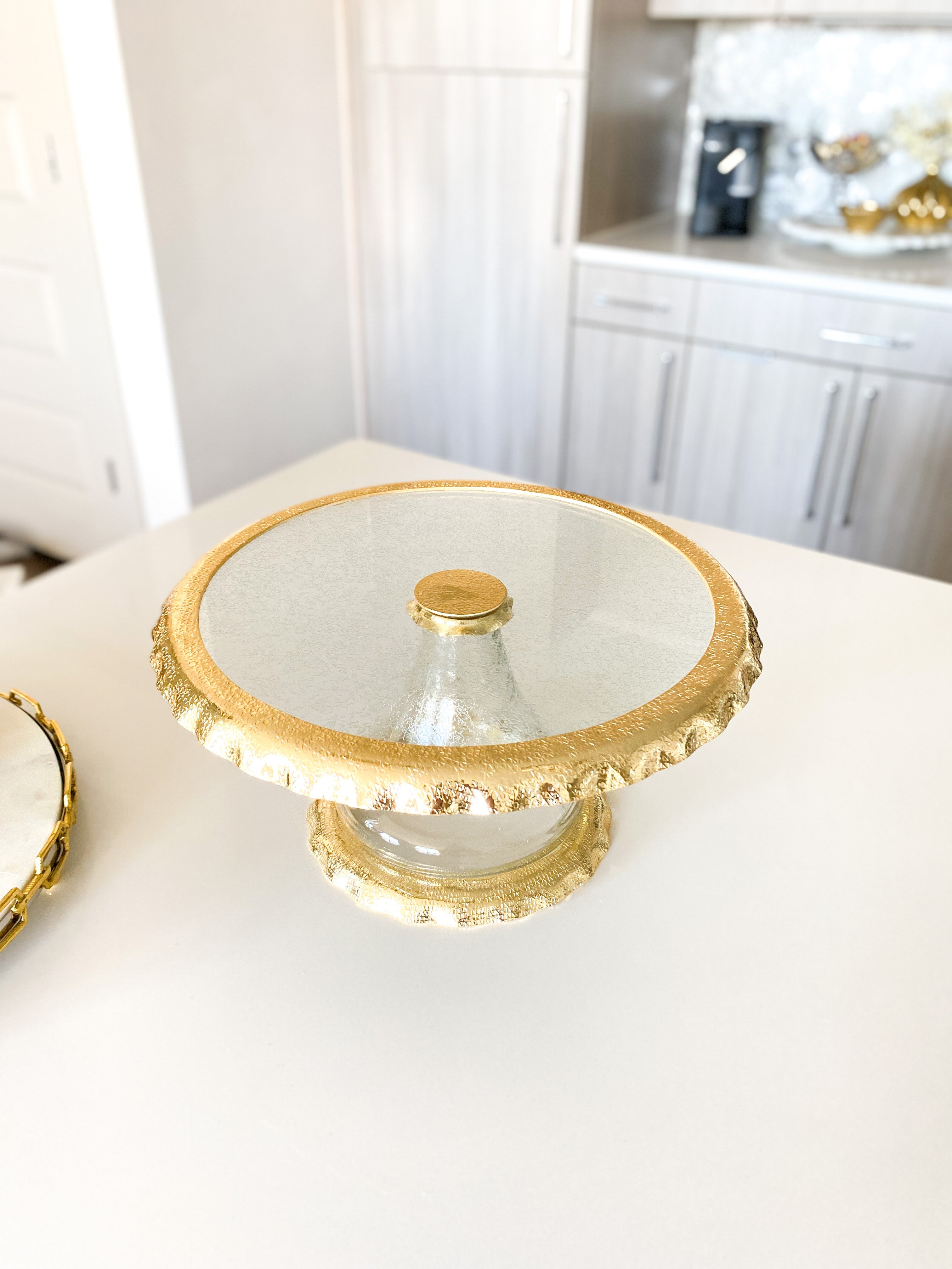 Glass Cake Stand with Gold Ruffled Details - HTS HOME DECOR