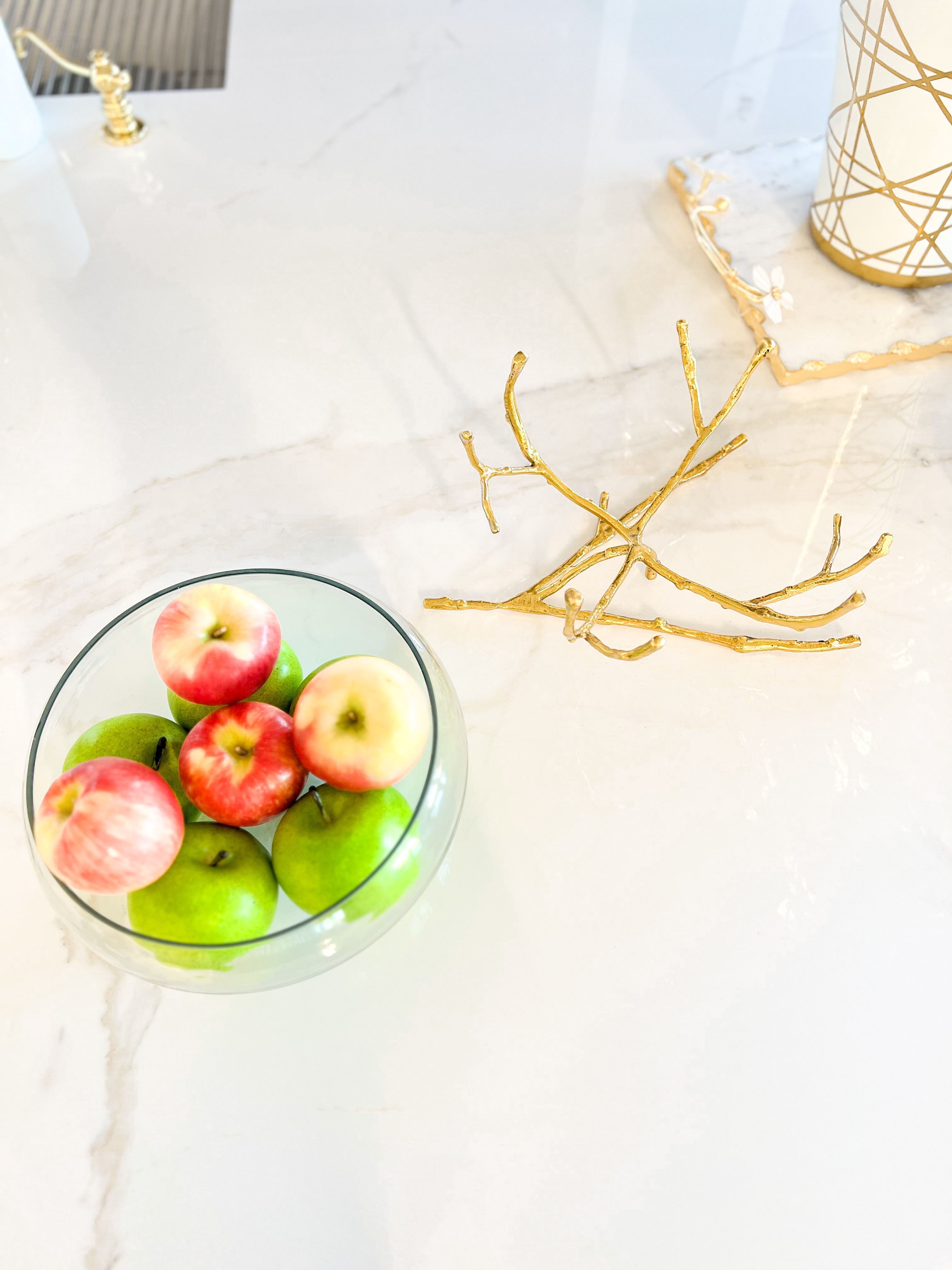 Glass Fruit Bowl With Gold Twig Branch Stand - HTS HOME DECOR