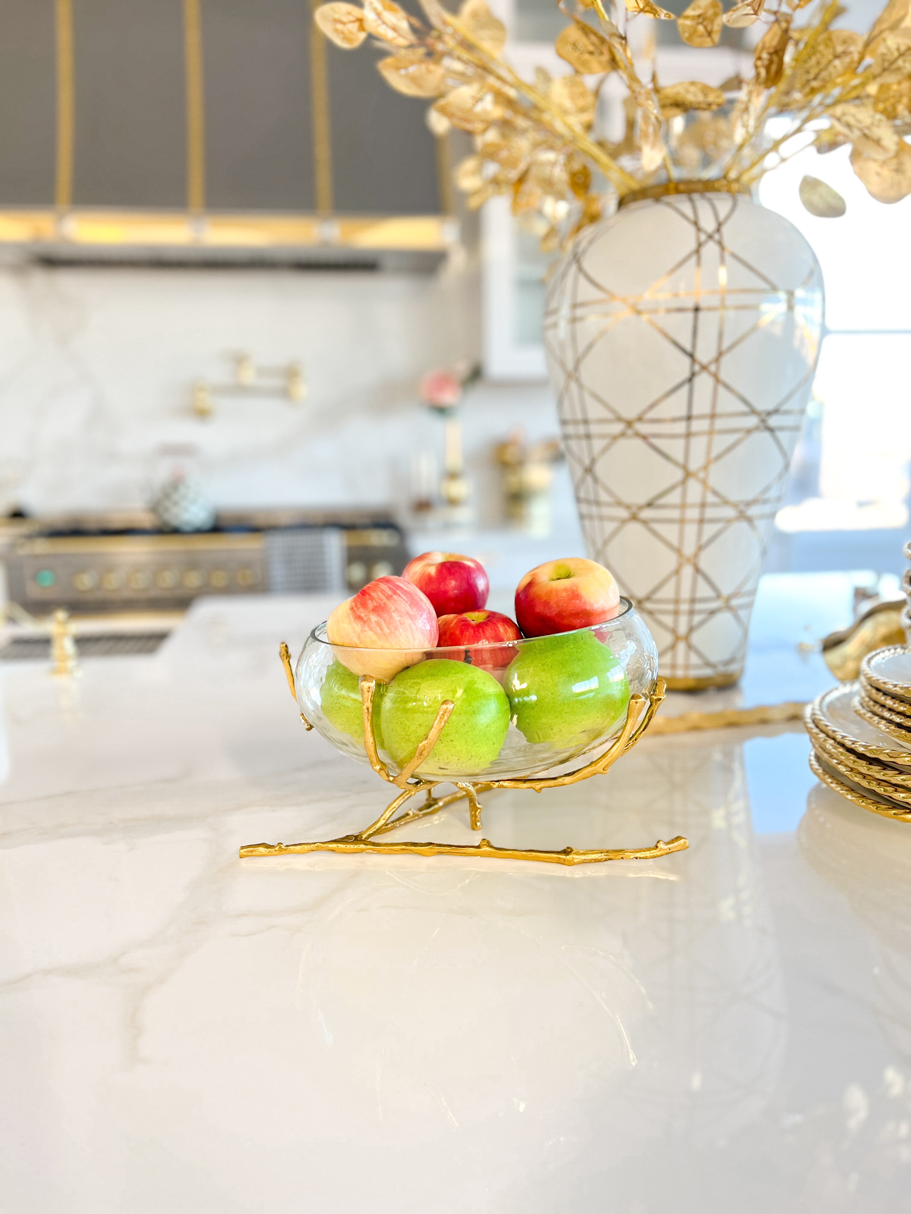 Glass Fruit Bowl With Gold Twig Branch Stand - HTS HOME DECOR