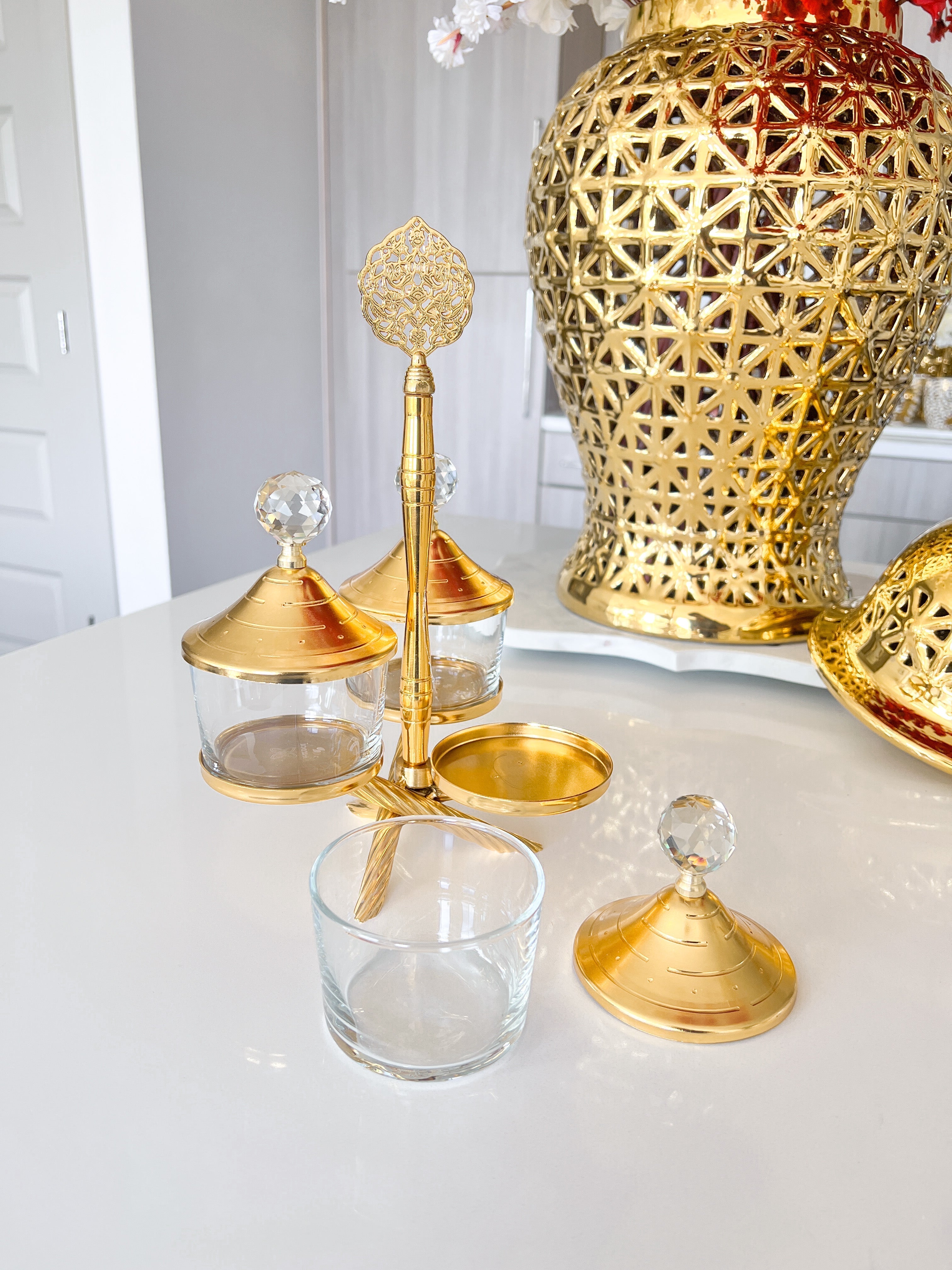 Glass Snack Canister with Gold Stand - HTS HOME DECOR