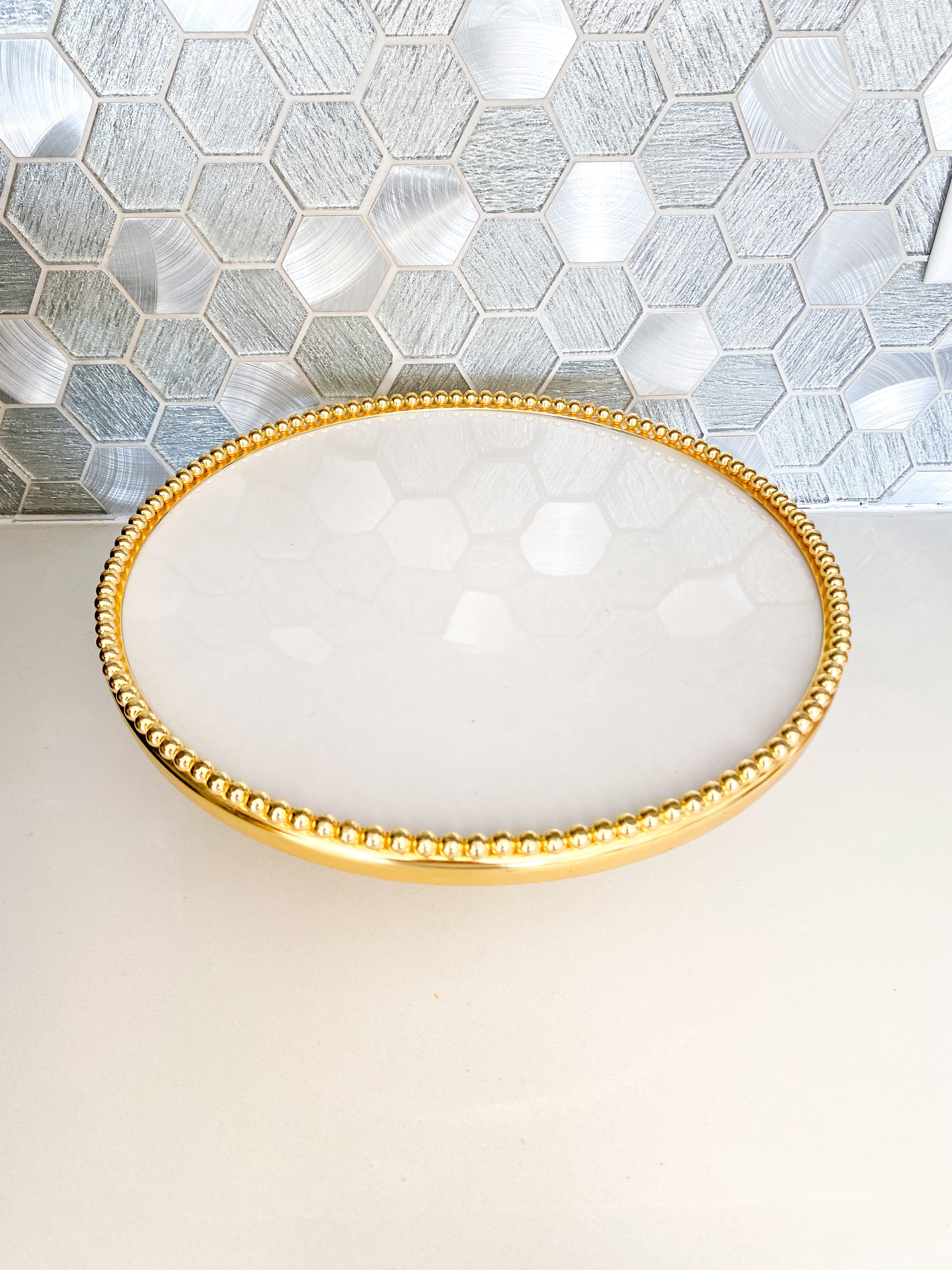 Gold Beaded Cake Stand - HTS HOME DECOR