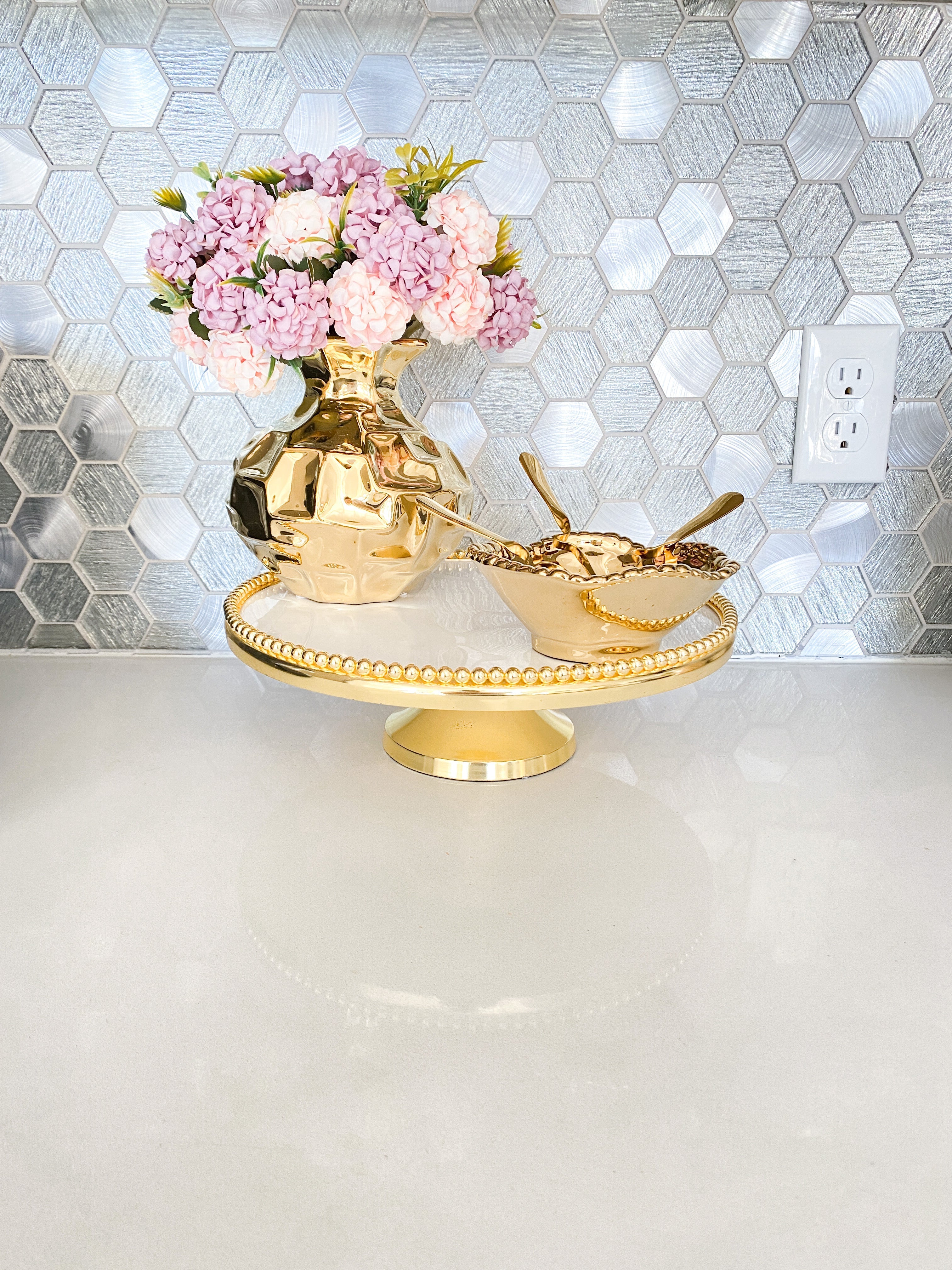 Gold Beaded Cake Stand - HTS HOME DECOR