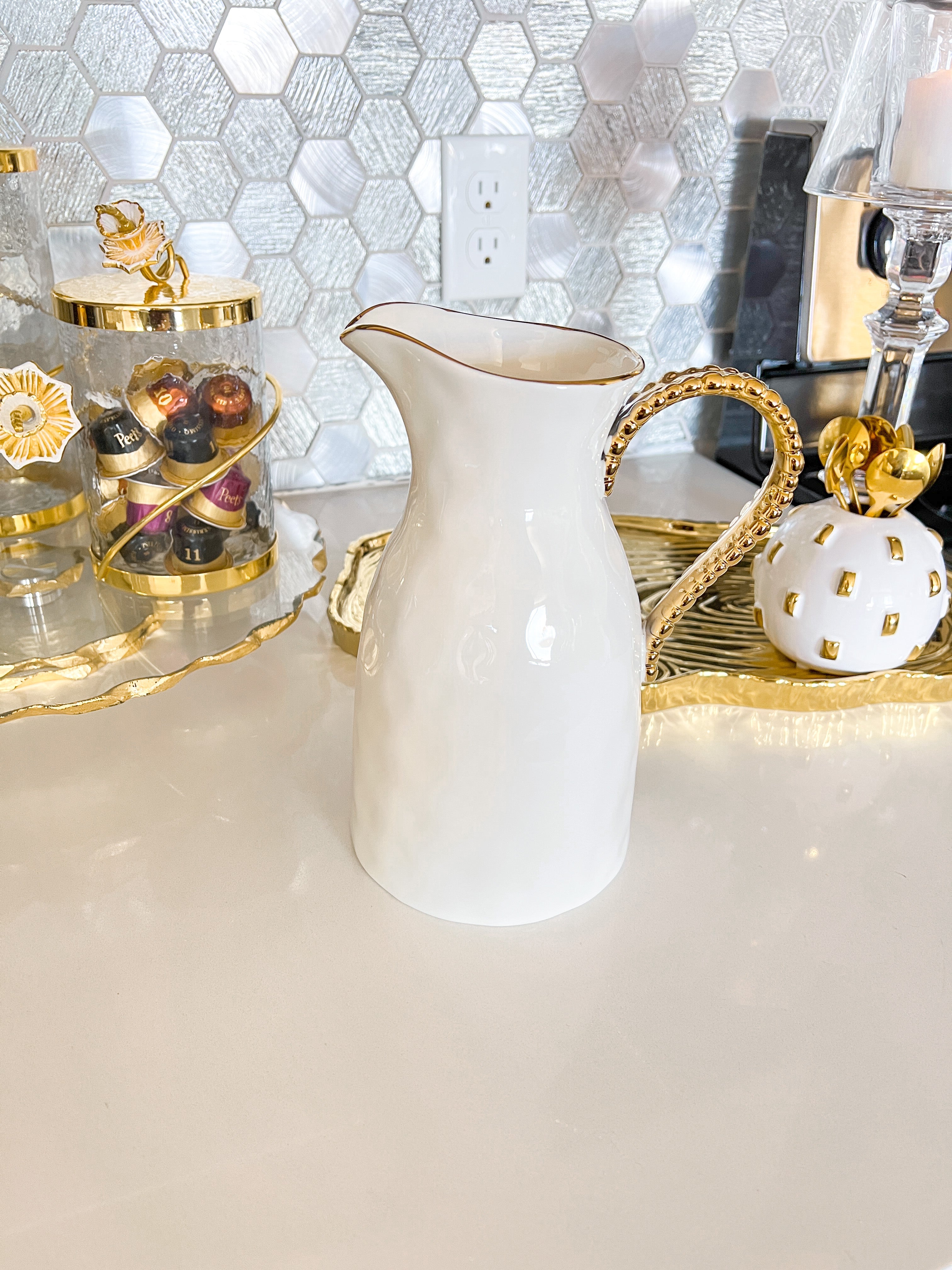 Gold Beaded Ceramic Pitcher - HTS HOME DECOR