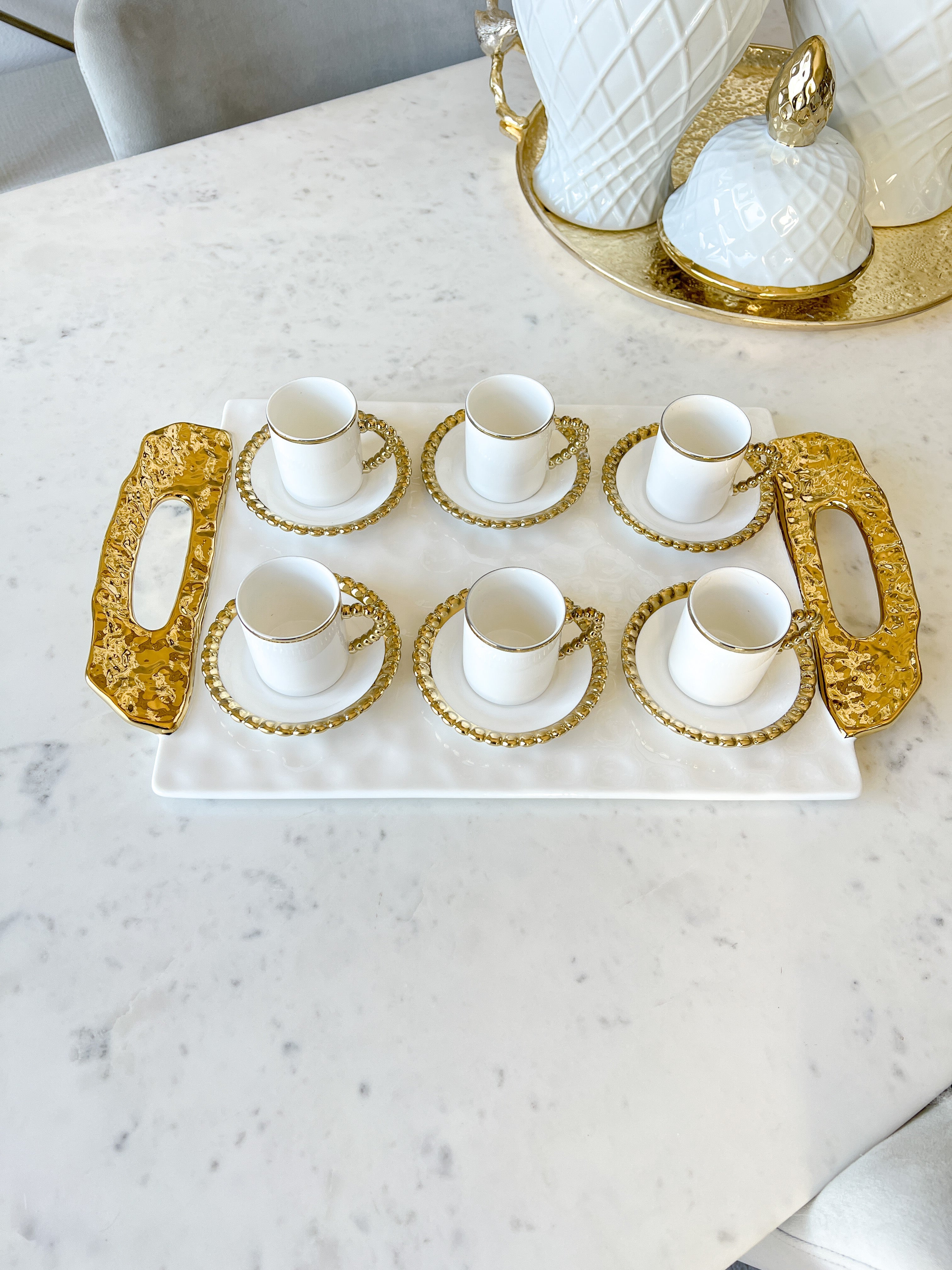 White and Gold Beaded Espresso Cup and Saucer