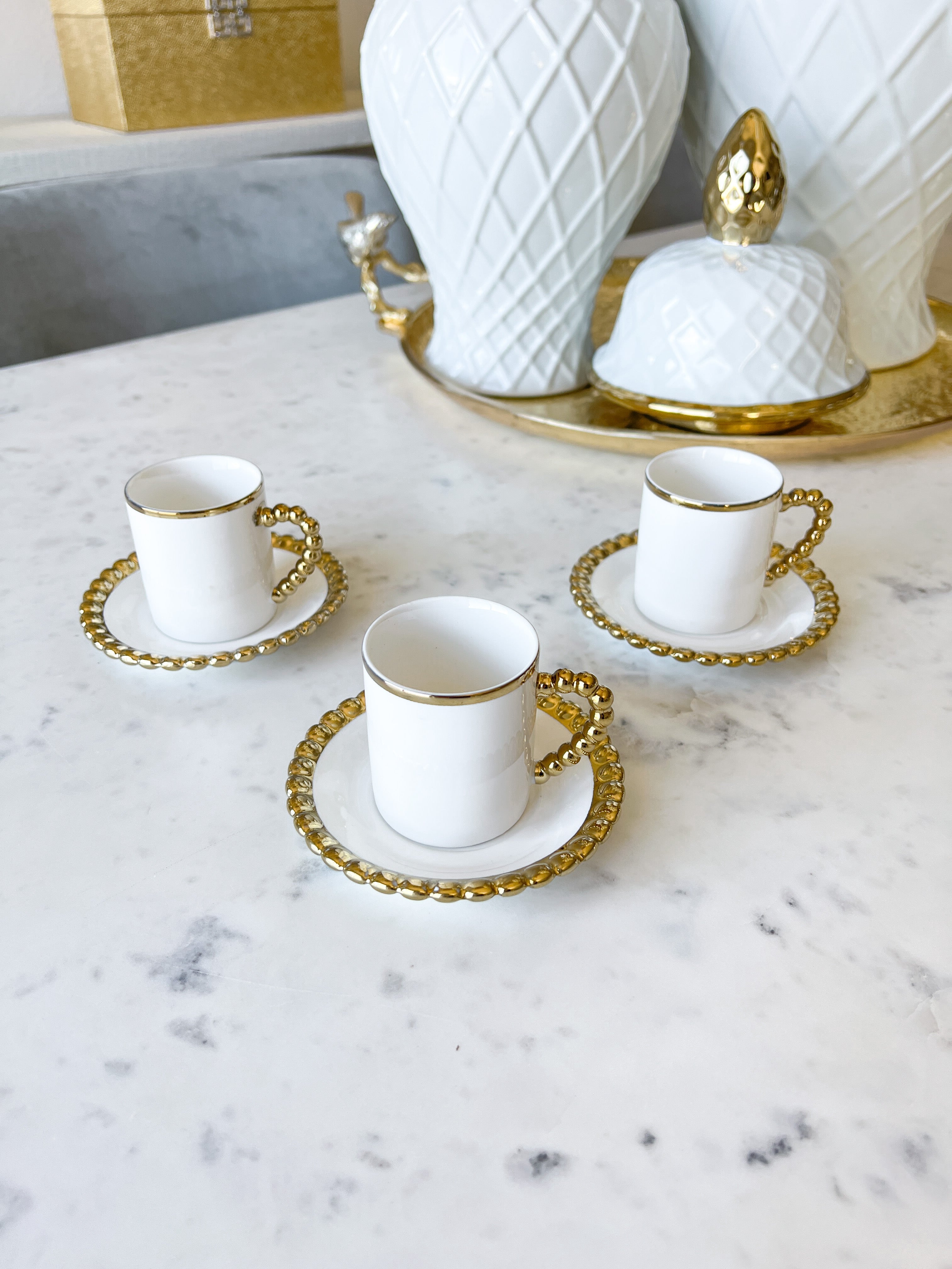 Gold Beaded Espresso Cups with Saucer (Set of 6) - HTS HOME DECOR