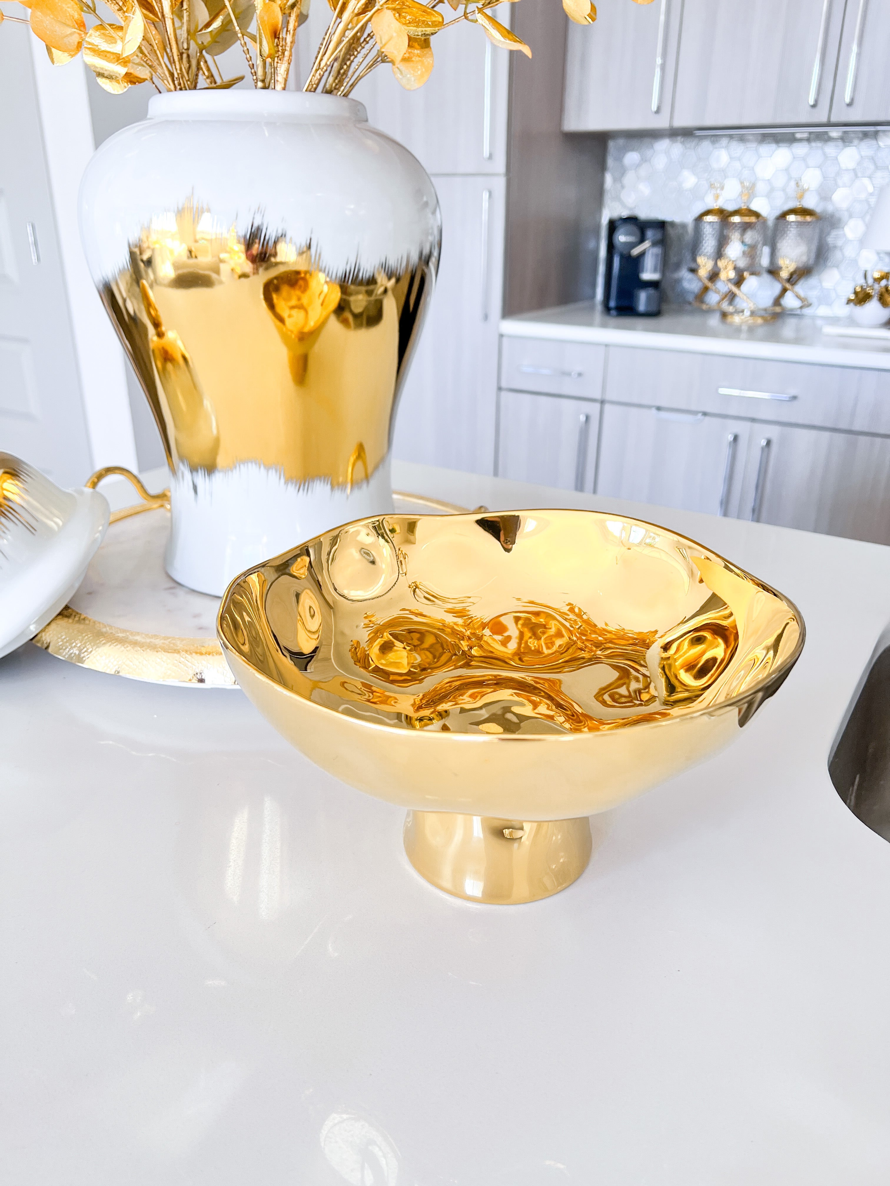 Gold Ceramic Pedestal Bowl - HTS HOME DECOR