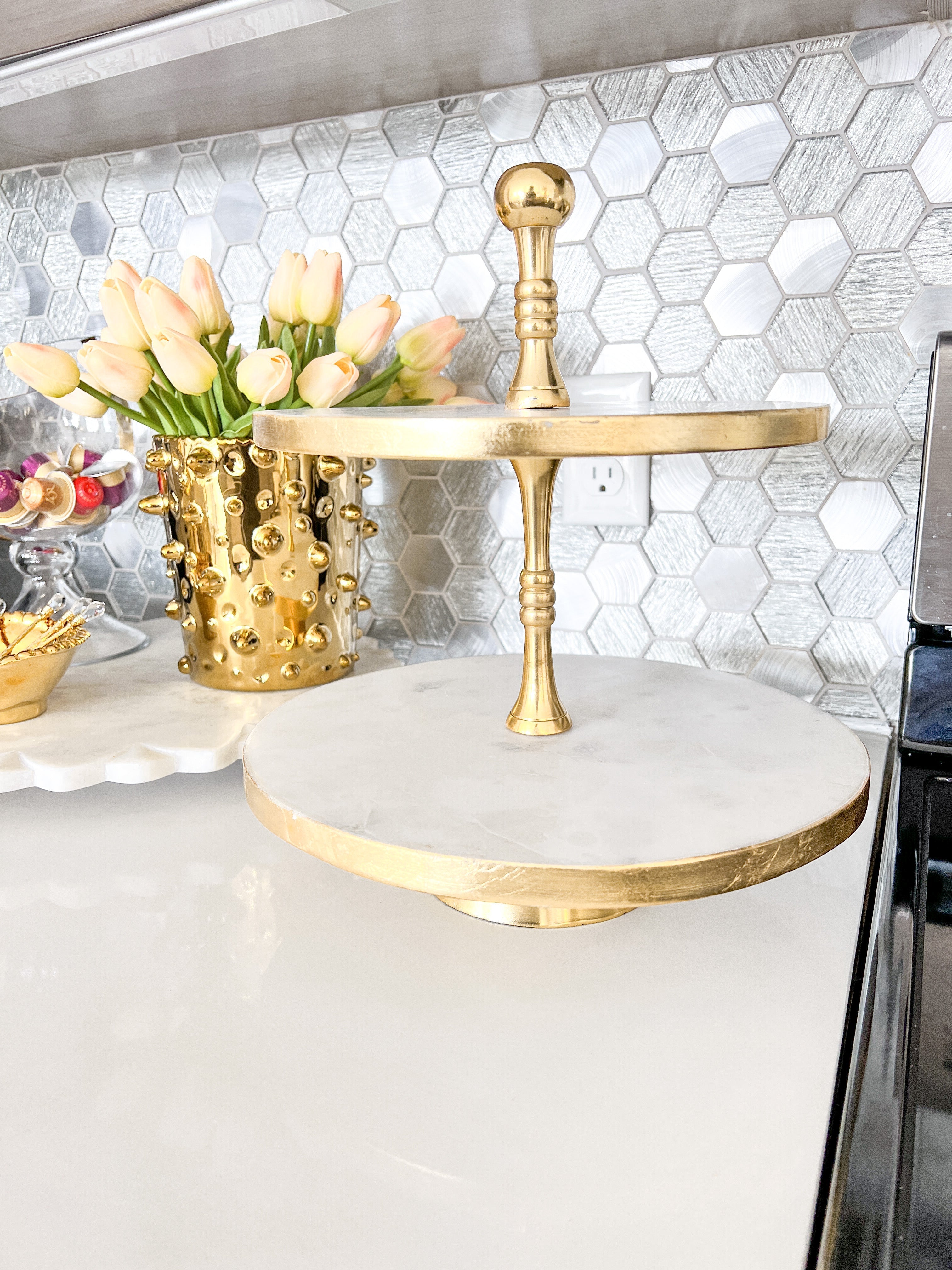 Gold Edge Marble Two Tier Stand - HTS HOME DECOR