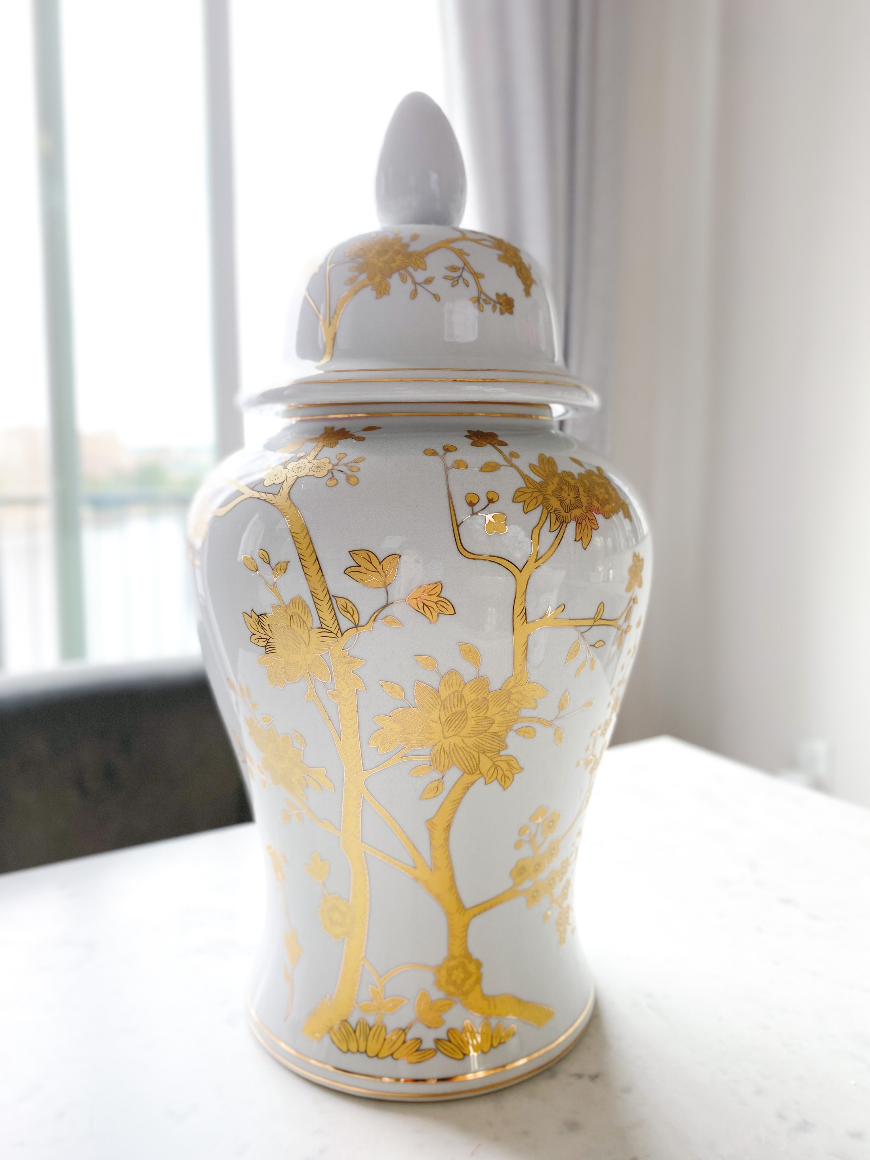 Gold Floral Branches Ginger Jar - HTS HOME DECOR