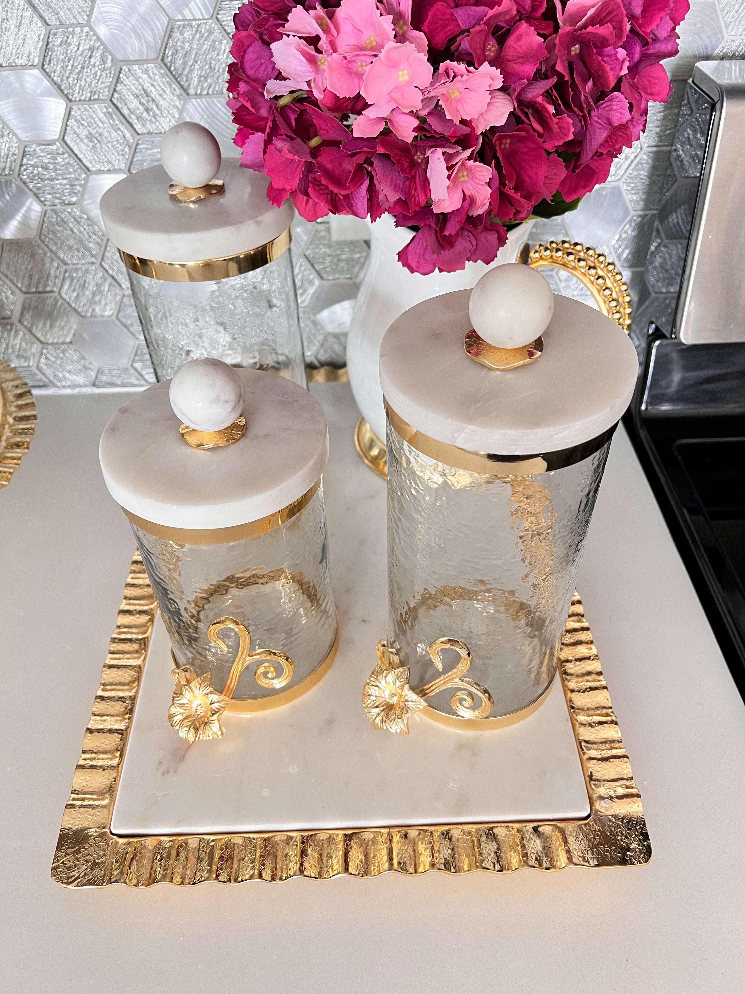 Gold Floral Canister with Marble Lid (Set of 3) - HTS HOME DECOR