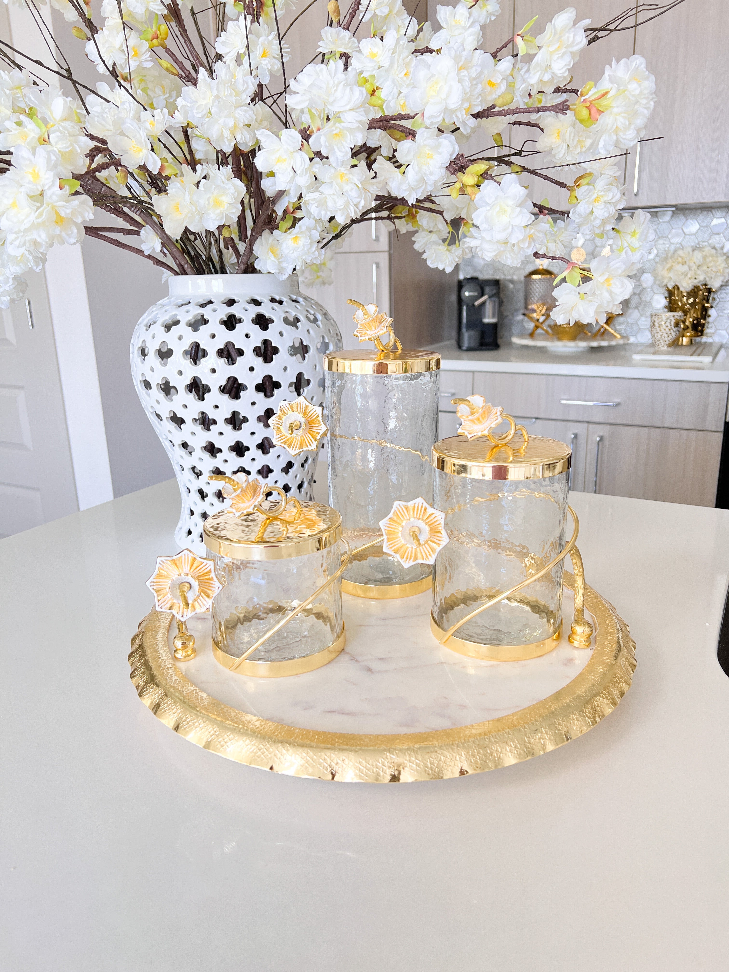 Gold Floral Glass Canister (3 Sizes) - HTS HOME DECOR