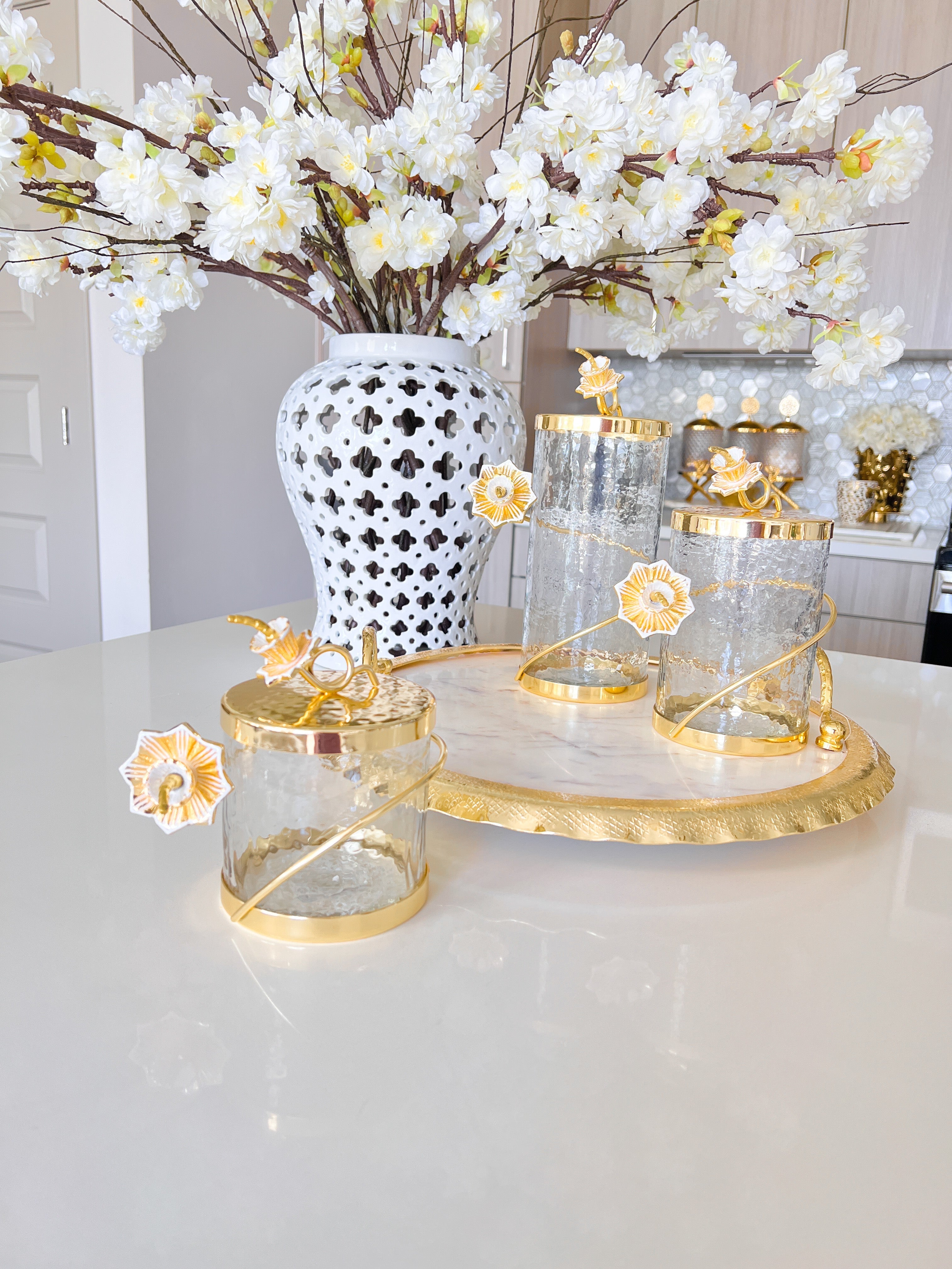Gold Floral Glass Canister (3 Sizes) - HTS HOME DECOR