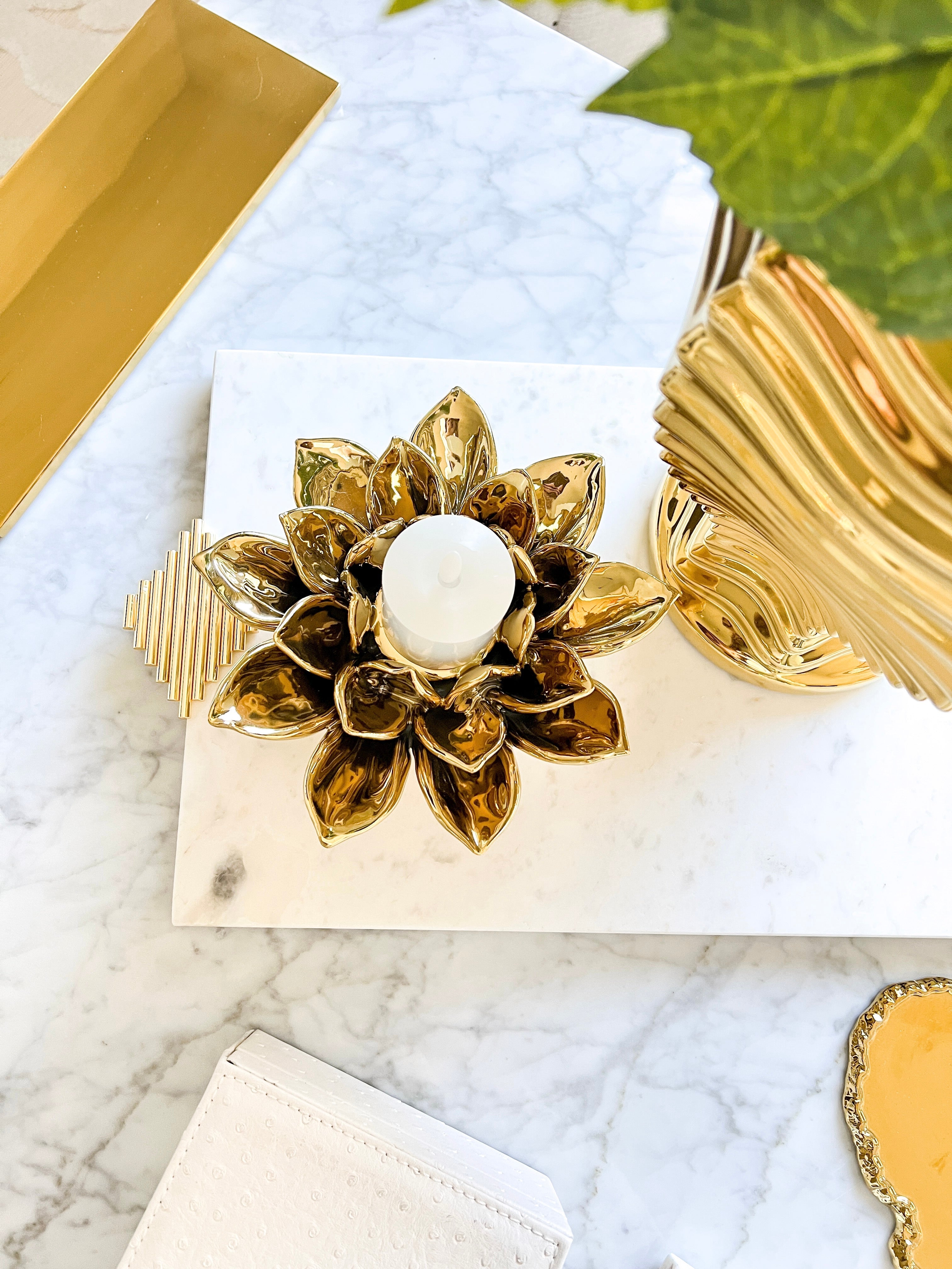 Gold Flower Shape Tea light Candle Holder - HTS HOME DECOR