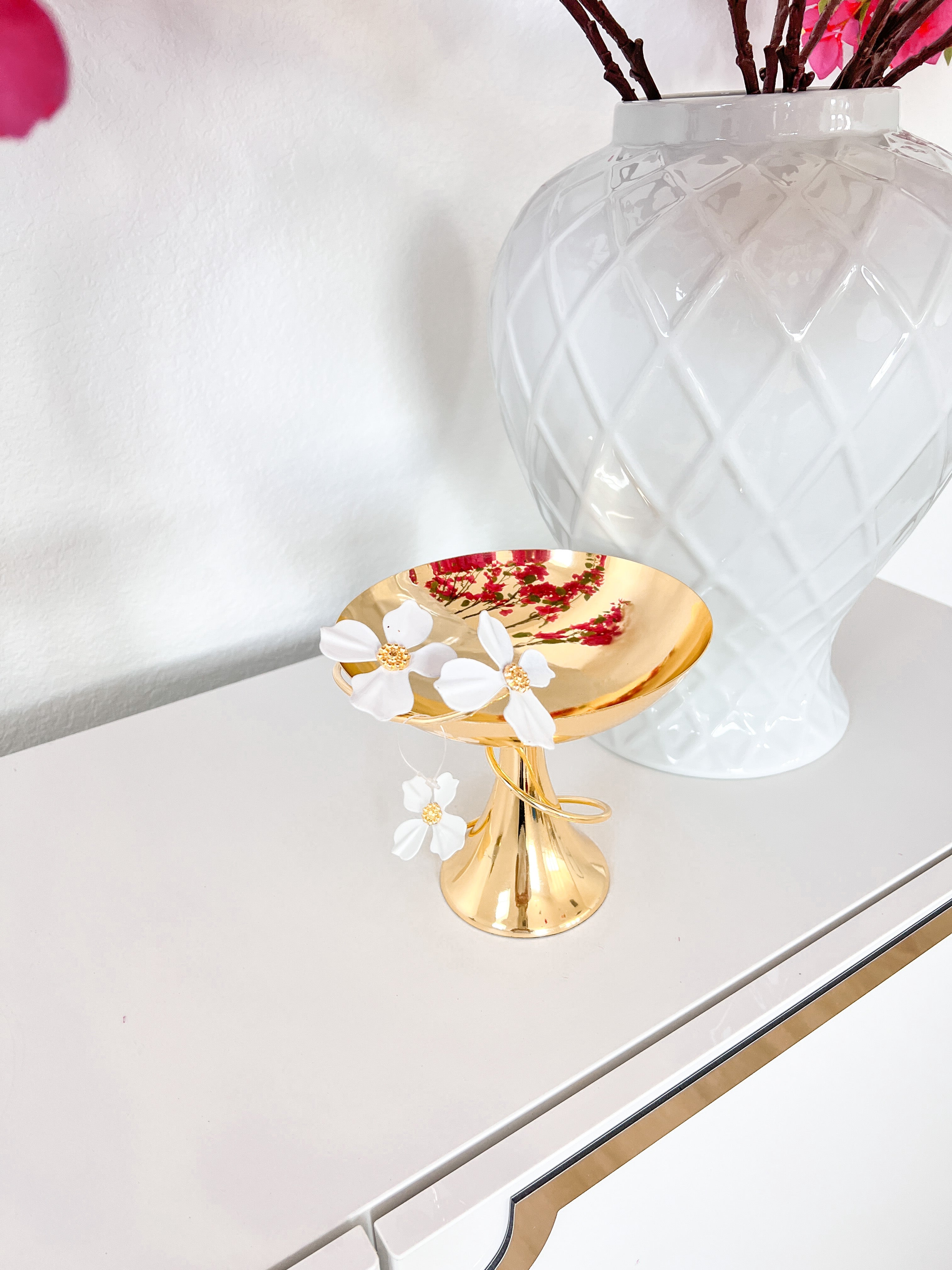Gold Footed Bowl With White Jasmine Flower - HTS HOME DECOR