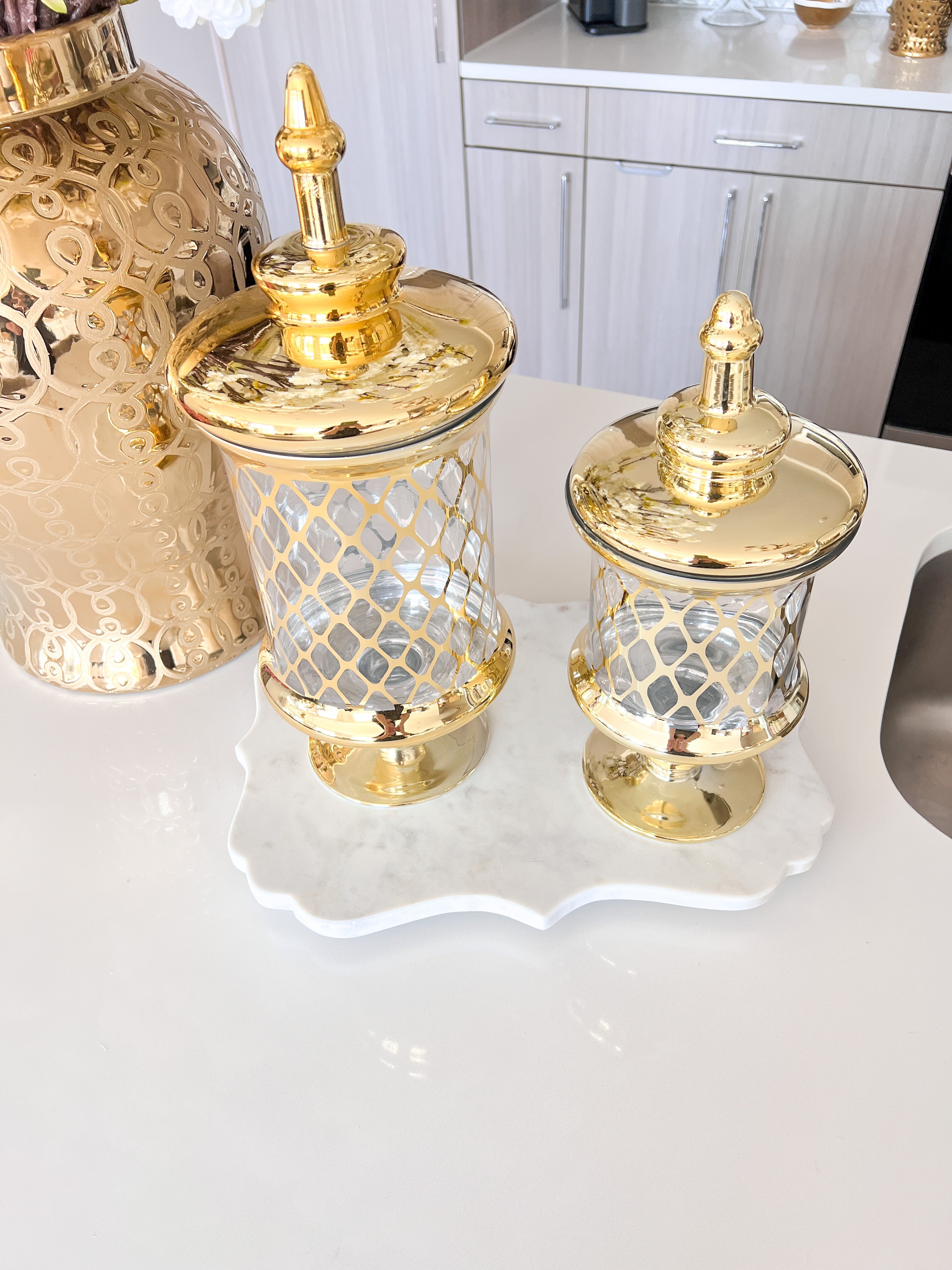 Gold Glass Apothecary Jars ( Two Sizes) - HTS HOME DECOR