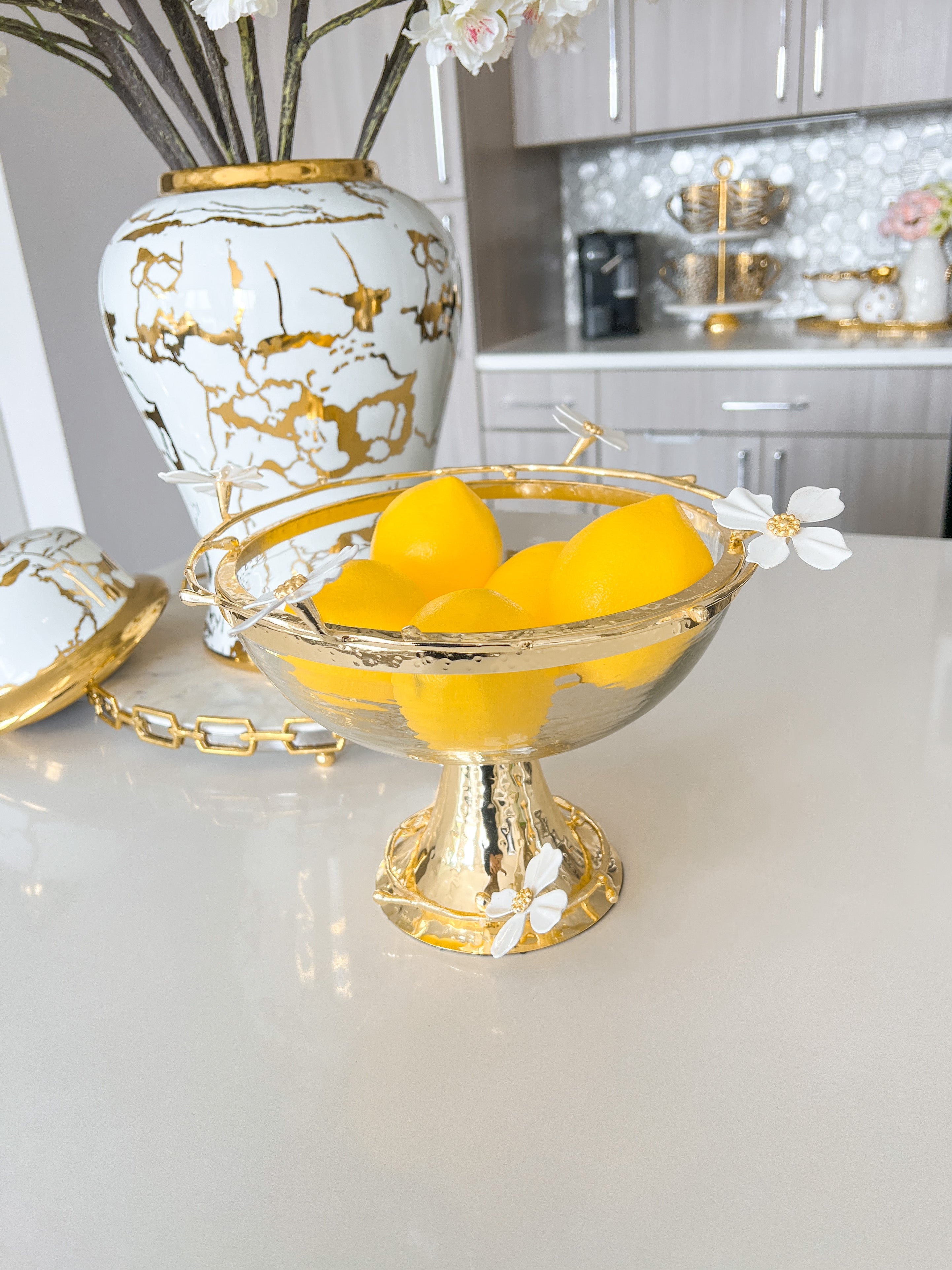 Gold Glass Bowl with Jasmine Floral - HTS HOME DECOR