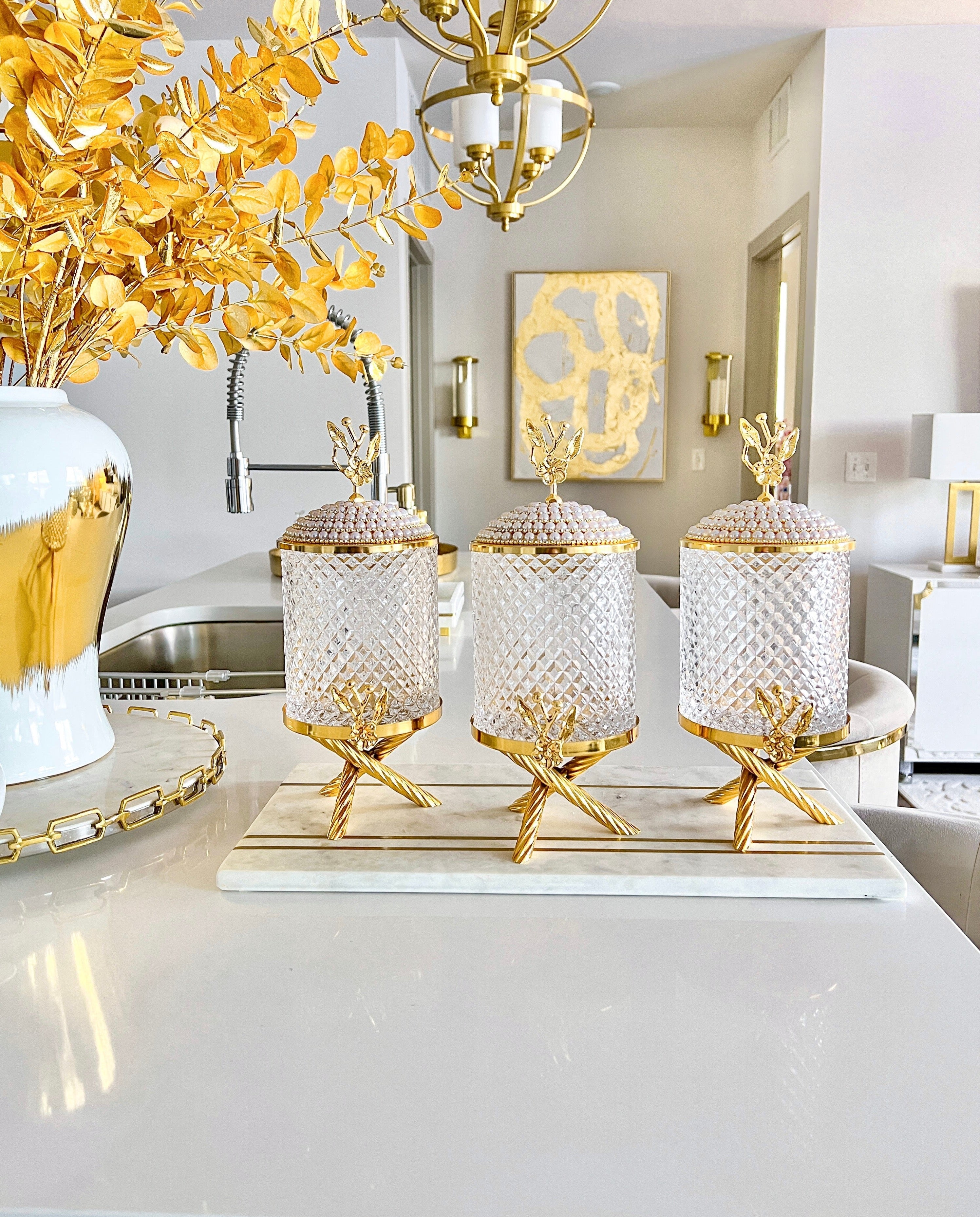 Gold Glass Canister with Jeweled Lid (Set of 3) - HTS HOME DECOR