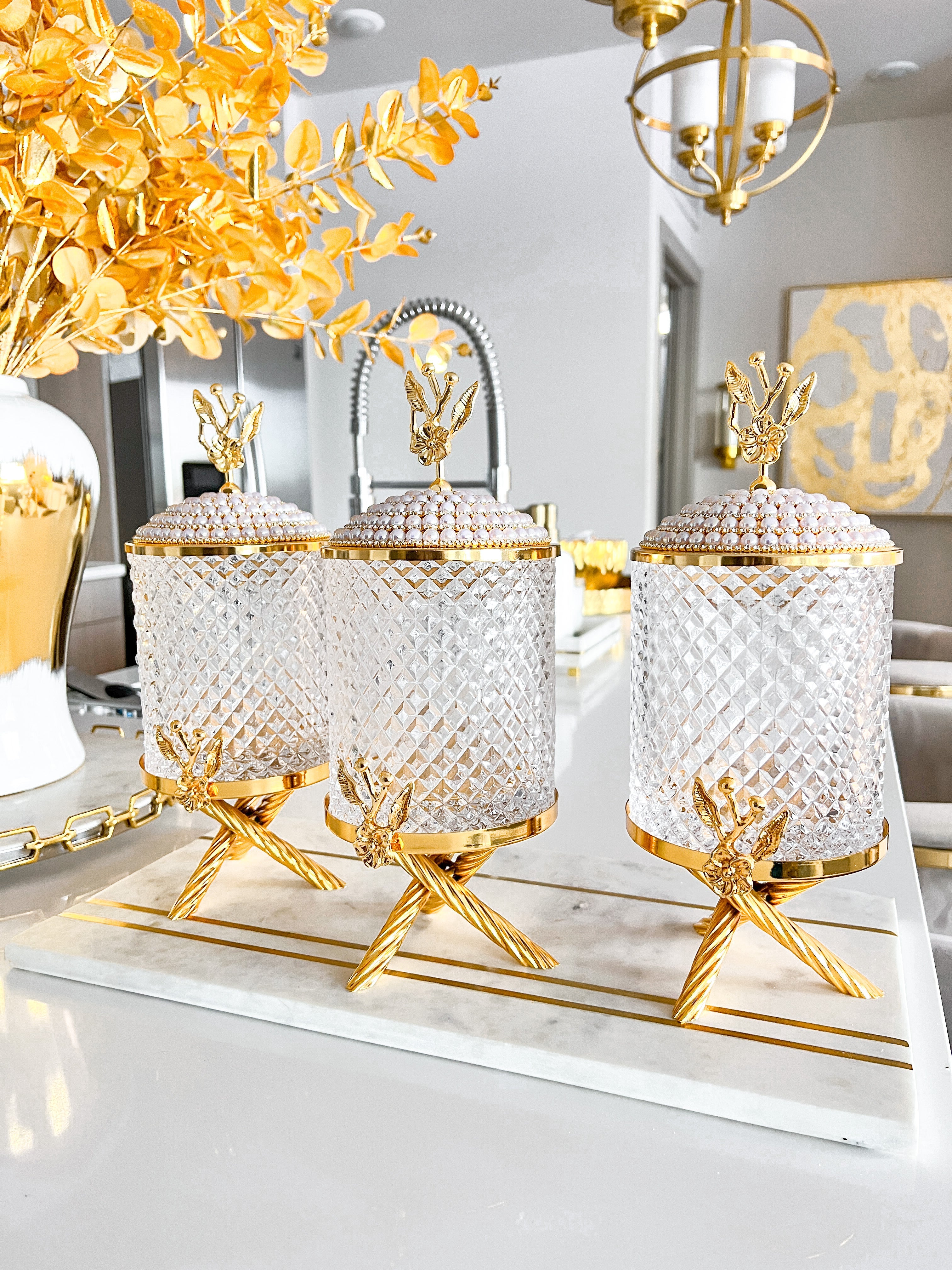 Gold Glass Canister with Jeweled Lid (Set of 3) - HTS HOME DECOR