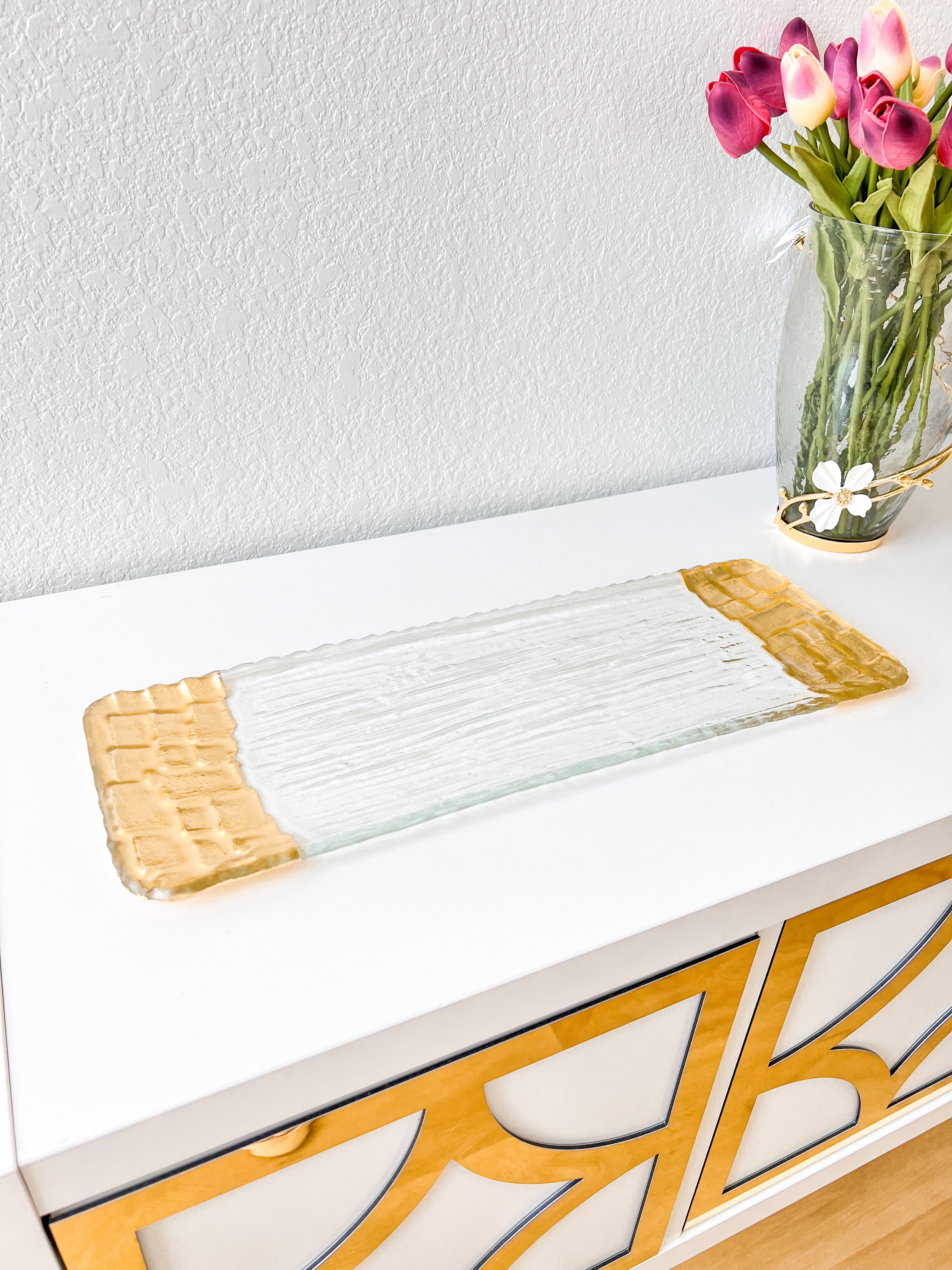 Gold Glass Textured Platter/ Tray - HTS HOME DECOR