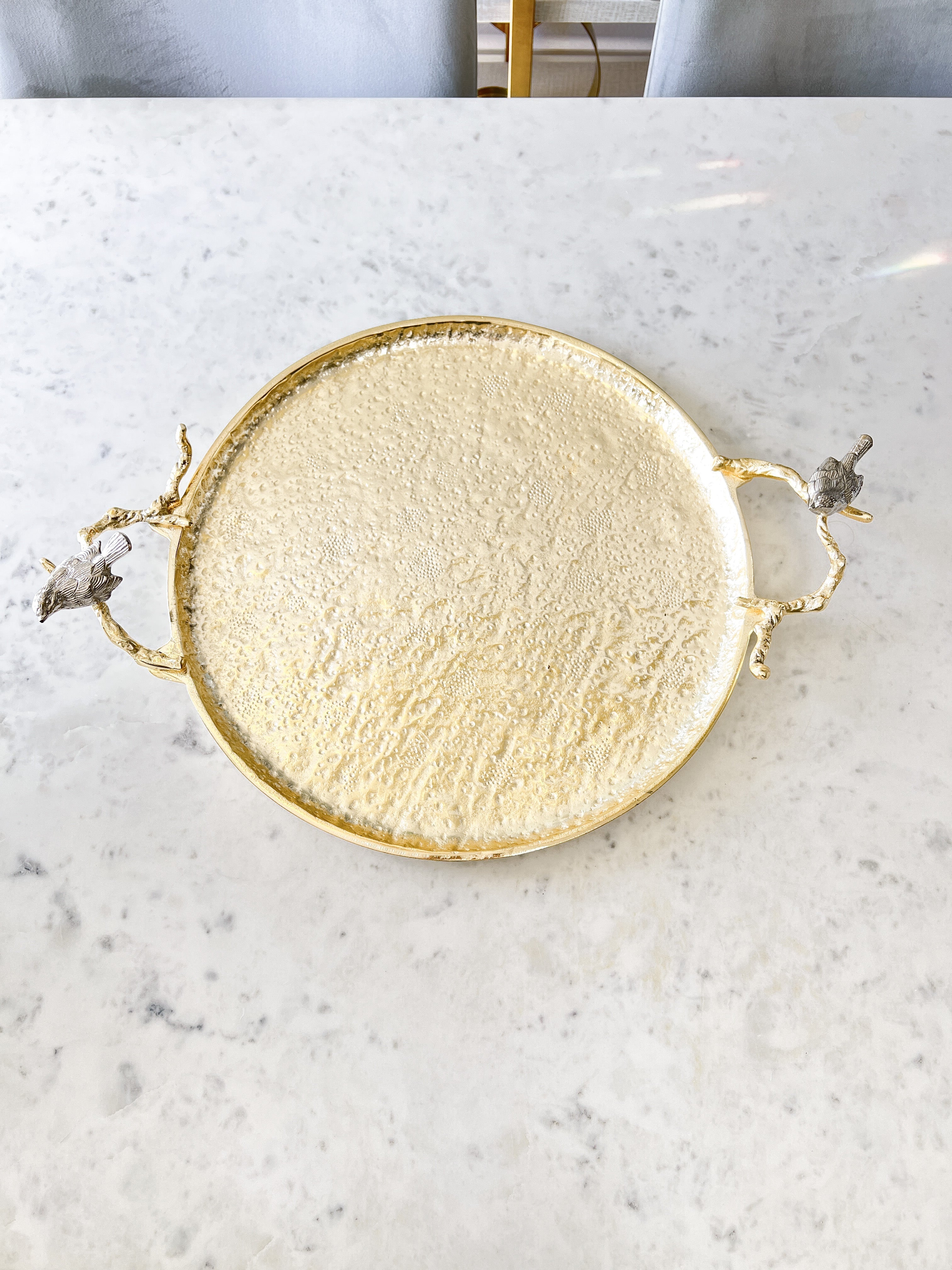 Gold Hammered Round Tray with Bird Details - HTS HOME DECOR