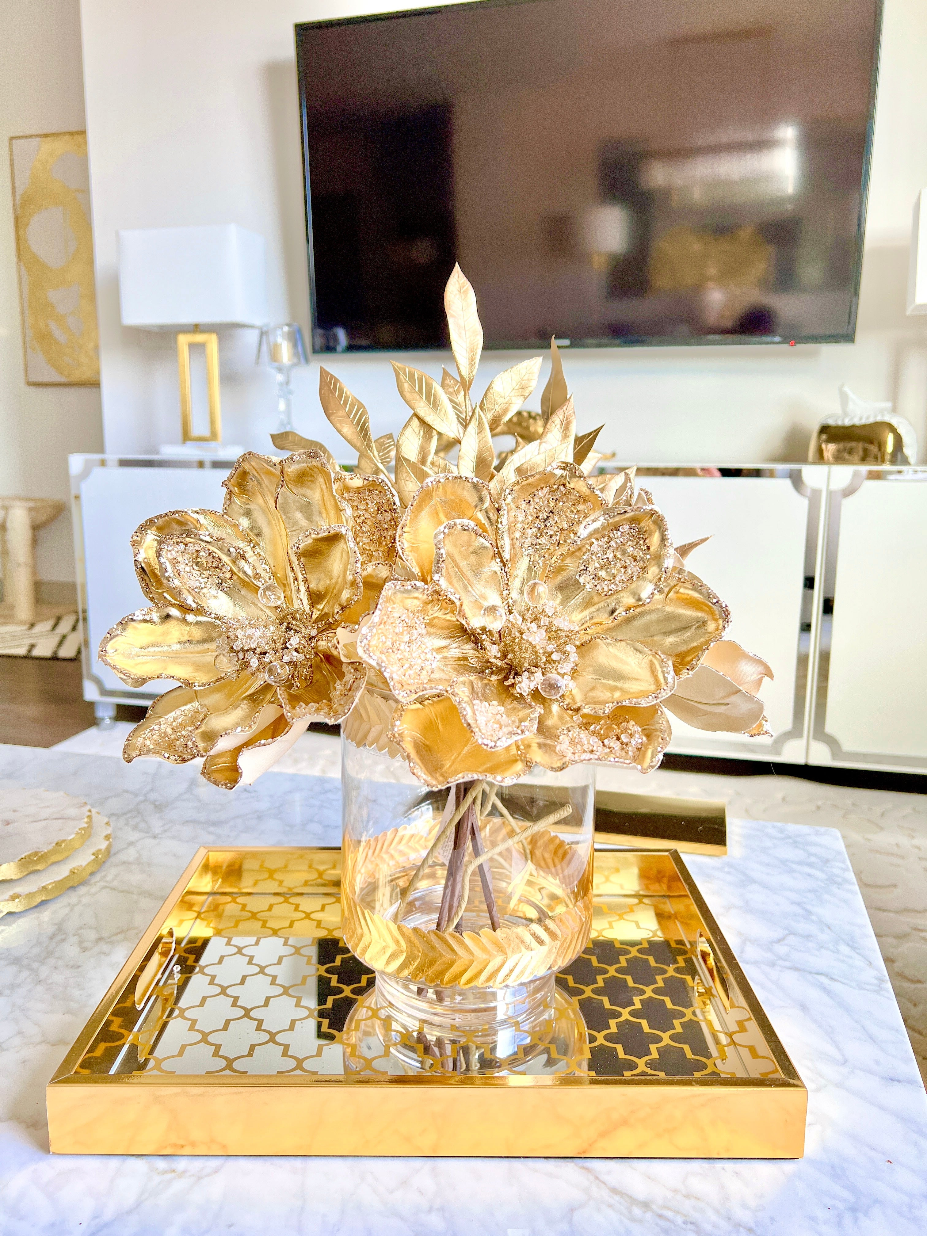 Gold Jeweled Magnolia Stem - HTS HOME DECOR