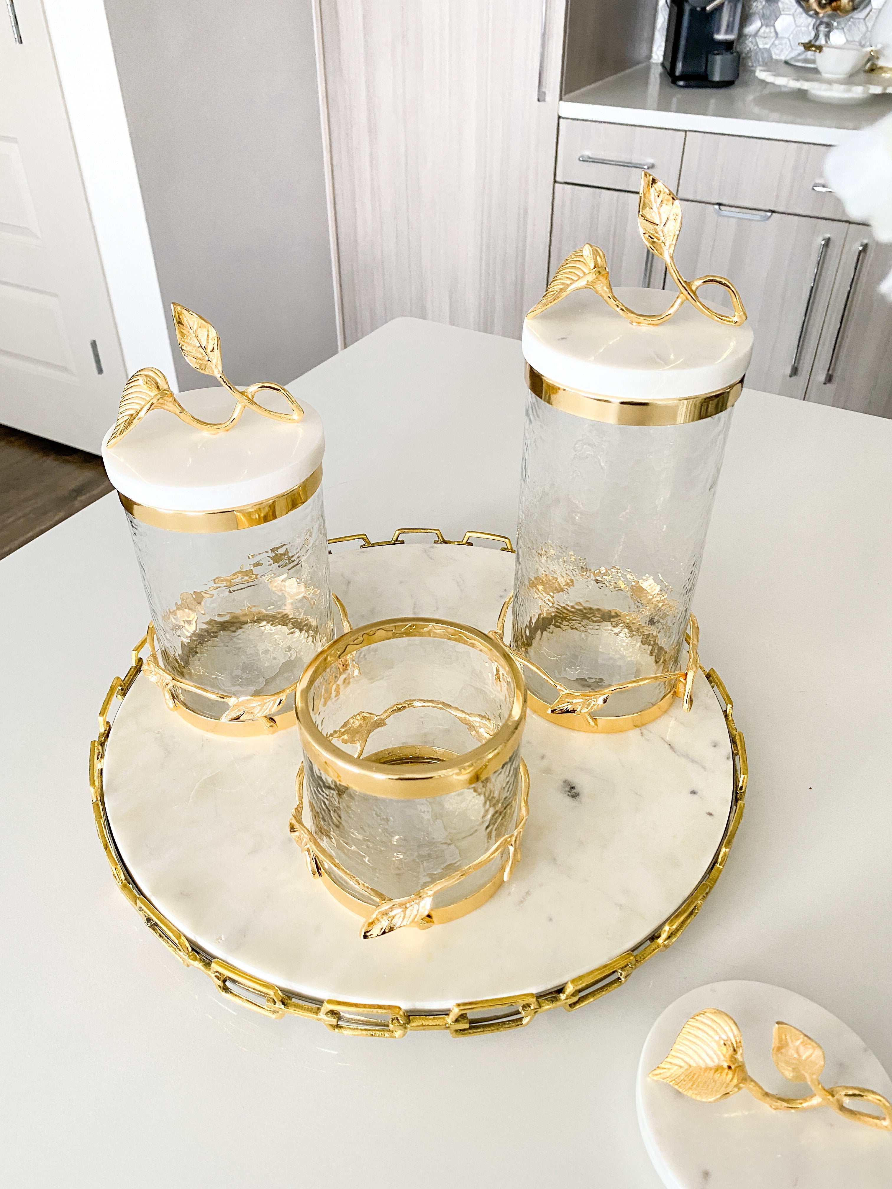 Gold Leaf Canister with Marble Lid (3 Sizes) - HTS HOME DECOR