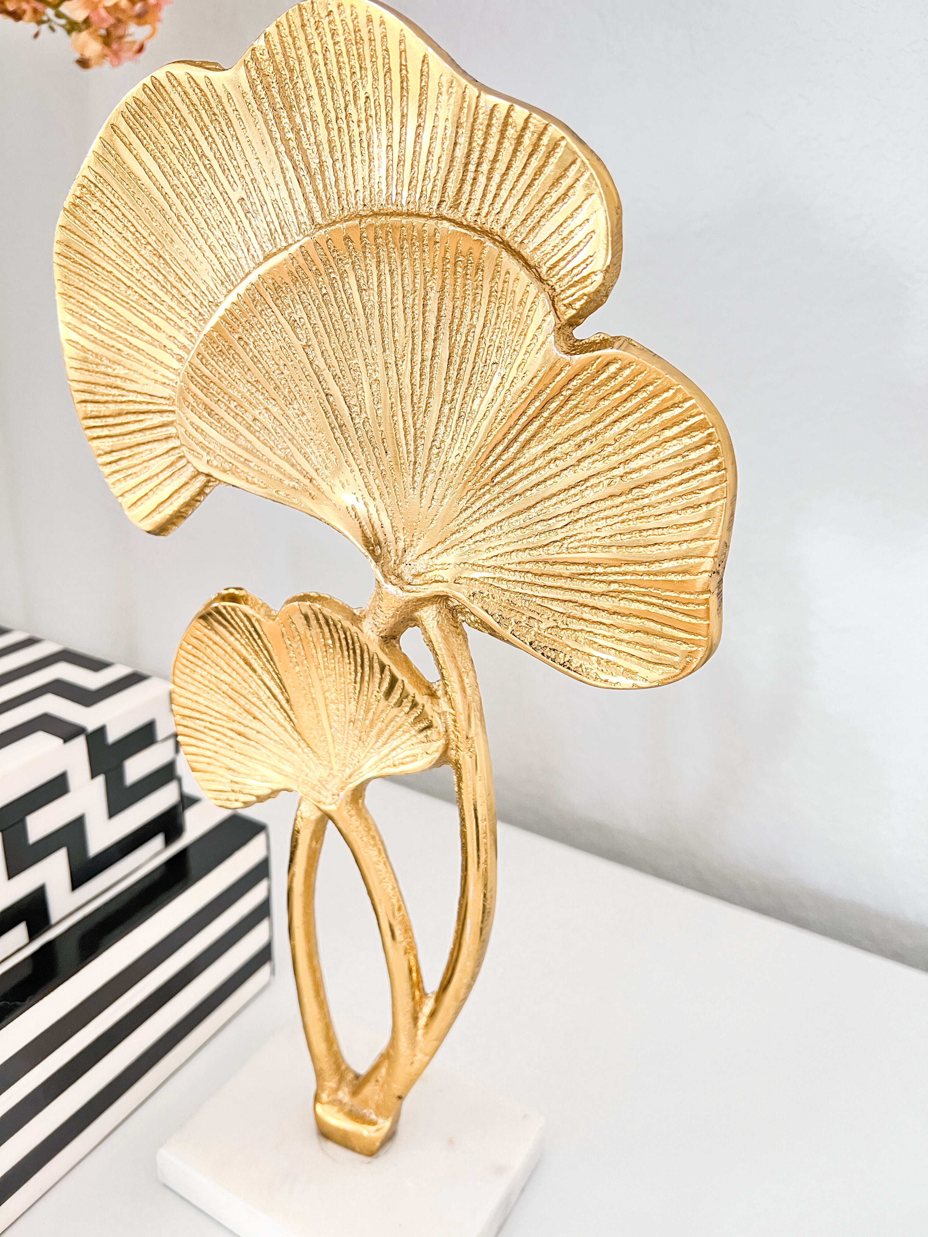 Gold Leafs Sculpture on Marble Stand - HTS HOME DECOR