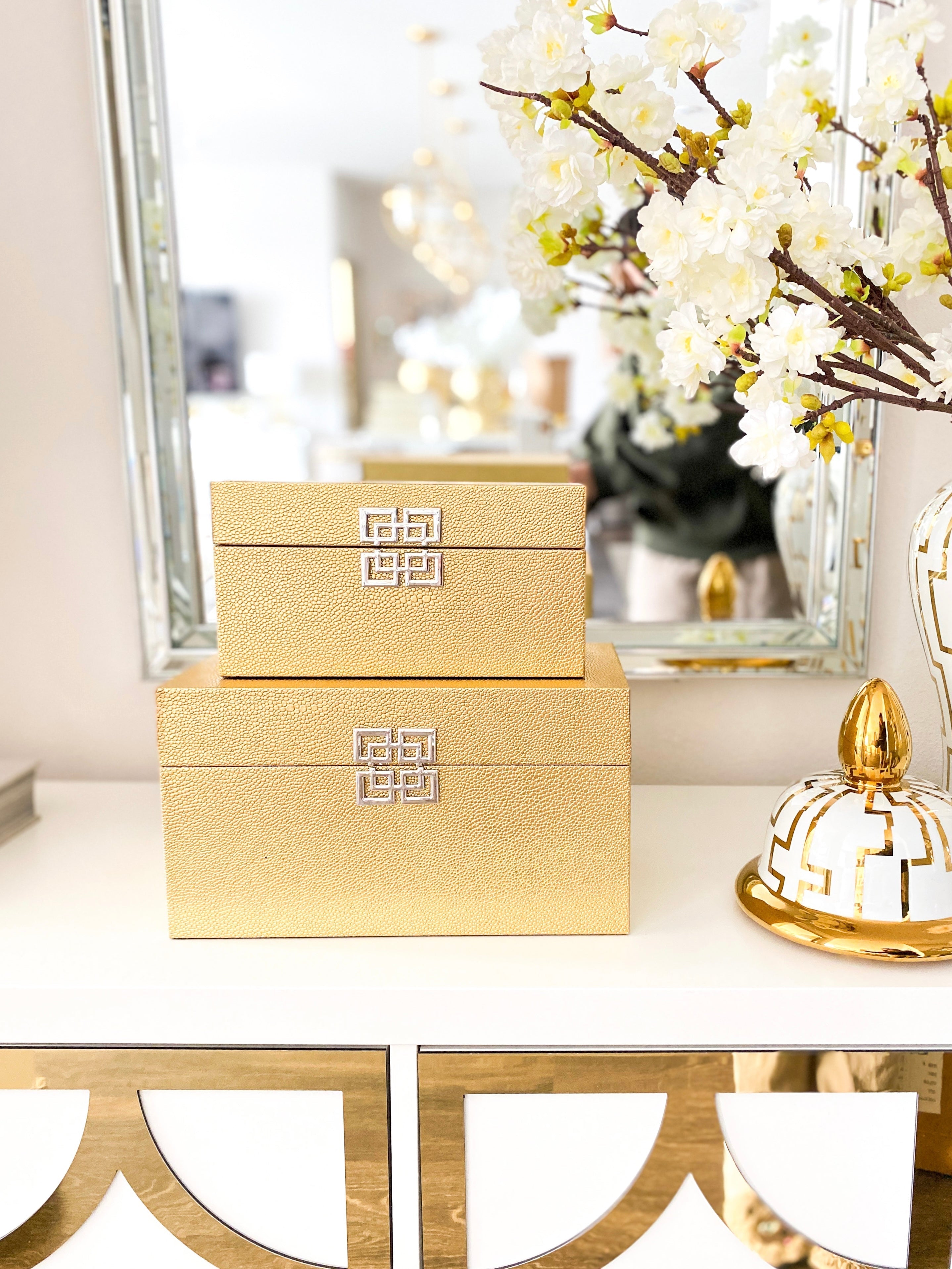 Gold Leather Decorative Boxes ( Set of 2) - HTS HOME DECOR